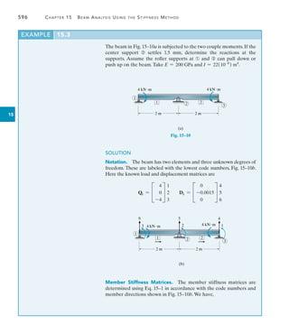 596	 Chapter 15   Beam Analysis Using the Stiffness Method
15
The beam in Fig. 15–10a is subjected to the two couple moments. If the
center support ➁ settles 1.5 mm, determine the reactions at the
supports. Assume the roller supports at ➀ and ➂ can pull down or
push up on the beam.Take E = 200 GPa and I = 22(10-6
) m4
.
EXAMPLE 15.3
(a)
4 kNm
1 2
2 m 2 m
4 kNm
3
1
2
Fig. 15–10
3 2
6
(b)
4 kNm
1 2
2 m 2 m
4 kNm
3
1
5
1
4
2
SOLUTION
Notation.  The beam has two elements and three unknown degrees of
freedom. These are labeled with the lowest code numbers, Fig. 15–10b.
Here the known load and displacement matrices are
Qk = C
4
0
-4
S
1
2
3
Dk = C
0
-0.0015
0
S
4
5
6
Member Stiffness Matrices.  The member stiffness matrices are
determined using Eq. 15–1 in accordance with the code numbers and
member directions shown in Fig. 15–10b.We have,
 