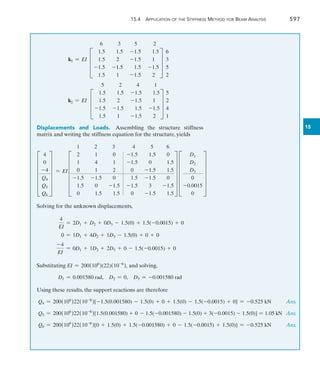 15.4 Application of the Stiffness Method for Beam Analysis	 597
15
k1 = EI
6 3 5 2
D
1.5 1.5 -1.5 1.5
1.5 2 -1.5 1
-1.5 -1.5 1.5 -1.5
1.5 1 -1.5 2
T
6
3
5
2
k2 = EI
5 2 4 1
D
1.5 1.5 -1.5 1.5
1.5 2 -1.5 1
-1.5 -1.5 1.5 -1.5
1.5 1 -1.5 2
T
5
2
4
1
Displacements and Loads.  Assembling the structure stiffness
matrix and writing the stiffness equation for the structure, yields
F
4
0
-4
Q4
Q5
Q6
V
= EI
1 2 3 4 5 6
F
2 1 0 -1.5 1.5 0
1 4 1 -1.5 0 1.5
0 1 2 0 -1.5 1.5
-1.5 -1.5 0 1.5 -1.5 0
1.5 0 -1.5 -1.5 3 -1.5
0 1.5 1.5 0 -1.5 1.5
V F
D1
D2
D3
0
-0.0015
0
V
Solving for the unknown displacements,
4
EI
= 2D1 + D2 + 0D3 - 1.5(0) + 1.5(-0.0015) + 0
0 = 1D1 + 4D2 + 1D3 - 1.5(0) + 0 + 0
-4
EI
= 0D1 + 1D2 + 2D3 + 0 - 1.5(-0.0015) + 0
Substituting EI = 200(106
)(22)(10-6
), and solving,
D1 = 0.001580 rad,  D2 = 0,  D3 = -0.001580 rad
Using these results, the support reactions are therefore
Q4 = 200(106
)22(10-6
)[-1.5(0.001580) - 1.5(0) + 0 + 1.5(0) - 1.5(-0.0015) + 0] = -0.525 kN Ans.
Q5 = 200(106
)22(10-6
)[1.5(0.001580) + 0 - 1.5(-0.001580) - 1.5(0) + 3(-0.0015) - 1.5(0)] = 1.05 kN  Ans.
Q6 = 200(106
)22(10-6
)[0 + 1.5(0) + 1.5(-0.001580) + 0 - 1.5(-0.0015) + 1.5(0)] = -0.525 kN Ans.
 