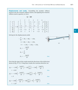 15.4 Application of the Stiffness Method for Beam Analysis	 601
15
Displacements and Loads.  Assembling the member stiffness
matrices into the structure stiffness matrix, and applying the structure
stiffness matrix equation, we have
Q = KD
F
-P
0
0
Q4
Q5
Q6
V = EI
1 2 3 4 5 6
F
3 0 -1.5 -1.5 -1.5 1.5
0 4 1.5 1 -1.5 1
-1.5 1.5 1.5 1.5 0 0
-1.5 1 1.5 2 0 0
-1.5 -1.5 0 0 1.5 -1.5
1.5 1 0 0 -1.5 2
V F
D1
D2
D3
0
0
0
V
Solving for the displacements yields
-
P
EI
= 3D1 + 0D2 - 1.5D3
0 = 0D1 + 4D2 + 1.5D3
0 = -1.5D1 + 1.5D2 + 1.5D3
D1 = -
1.667P
EI
D2 =
P
EI
D3 = -
2.667P
EI
 Ans.
Note that the signs of the results match the directions of the deflections
shown in Fig. 15–12c. Using these results, the reactions therefore are
Q4 = -1.5EIa -
1.667P
EI
b + 1EIa
P
EI
b + 1.5EIa -
2.667P
EI
b
= -0.5P Ans.
Q5 = -1.5EIa -
1.667P
EI
b - 1.5EIa
P
EI
b + 0a -
2.667P
EI
b
= P Ans.
Q6 = 1.5EIa -
1.667P
EI
b + 1EIa
P
EI
b + 0a -
2.667P
EI
b
= -1.5P Ans.
(c)
D3
D1
D2
 