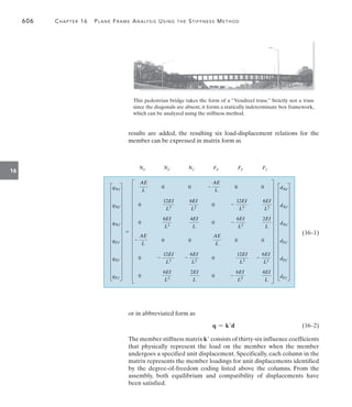 606	 Chapter 16  Plane Frame Analysis Using the Stiffness Method
16
results  are added, the resulting six load-displacement relations for the
member can be expressed in matrix form as
This pedestrian bridge takes the form of a “Vendreel truss.” Strictly not a truss
since the diagonals are absent, it forms a statically indeterminate box framework,
which can be analyzed using the stiffness method.
or in abbreviated form as
	 q = kd(16–2)
The member stiffness matrix k consists of thirty-six influence coefficients
that physically represent the load on the member when the member
undergoes a specified unit displacement. Specifically, each column in the
matrix represents the member loadings for unit displacements identified
by the degree-of-freedom coding listed above the columns. From the
assembly, both equilibrium and compatibility of displacements have
been satisfied.
12EI
L3
12EI
L3
6EI
L2
6EI
L2
AE
L

AE
L

AE
L
AE
L

0
0 0 0 dNx¿
Nx¿ Ny¿ Nz¿ Fx¿ Fy¿ Fz¿
qNx¿
0 0 dNy¿
qNy¿
6EI
L2
4EI
L
2EI
L
6EI
L2

0 0 dNz¿
qNz¿

12EI
L3
12EI
L3
6EI
L2

6EI
L2

0 0
0 0 0 0 dFx¿
qFx¿
dFy¿
qFy¿
6EI
L2
6EI
L2
2EI
L
4EI
L

0 0 dFz¿
qFz¿
   (16–1)
 