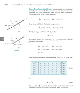 608	 Chapter 16  Plane Frame Analysis Using the Stiffness Method
16
Force Transformation Matrix.  If we now apply each component
of load to the near end of the member, we can determine how to
transform the load components from local to global coordinates.
Applying qNx, Fig. 16–3a, it can be seen that
QNx = qNx cos ux QNy = qNx cos uy
If qNy is applied, Fig. 16–3b, then its components are
QNx = -qNy cos uy QNy = qNy cos ux
Finally, since qNz is collinear with QNz, we have
QNz = qNz
In a similar manner, end loads of qFx, qFy, qFz will yield the following
respective components:
QFx = qFx cos ux   QFy = qFx cos uy
QFx = -qFy cos uy QFy = qFy cos ux
QFz = qFz
These equations,assembled in matrix form with lx = cos ux, ly = cos uy, yield

 (16–5)
or
Q = TT
q(16–6)
Here, as stated, TT
transforms the six member loads expressed in local
coordinates into the six loadings expressed in global coordinates.
F
QNx
QNy
QNz
QFx
QFy
QFz
V = F
lx -ly 0 0 0 0
ly lx 0 0 0 0
0 0 1 0 0 0
0 0 0 lx -ly 0
0 0 0 ly lx 0
0 0 0 0 0 1
V F
qNx
qNy
qNz
qFx
qFy
qFz
V
x
(a)
qNx¿
QNx  qNx¿ cos ux
QNy  qNx¿ cos uy
ux
uy
x¿
y¿
y
x
(b)
qNy¿
QNx  qNy¿ cos uy
QNy  qNy¿ cos ux
x¿
y¿
y
uy
ux
Fig. 16–3
 
