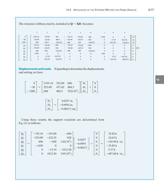 16.4 Application of the Stiffness Method for Frame Analysis	 617
16
The structure stiffness matrix, included in Q = KD, becomes
0
30
1200
Q4 0
0
0
0
0
0
D1
D2
D3
Q5

Q6
Q7
Q8
Q9
2195.18
553.09
696
745.18
553.09
696
1450
0
0
553.09
437.65
884.5
553.09
422.55
928
0
0
15.10 1812.50
1812.50 145(103
)
696
884.5
522(103
)
696
928
116(103
)
745.18
553.09
696
745.18
553.09
696
553.09
422.55
928
553.09
422.55
928
696
928
116(103
)
696
928
232(103
)
1450
0
0
0
0
0
0
0
0
0
0
0
0
0
0
0
0
1450
15.10
1812.50
0
0
0
0
0
0
1812.50
145(103
)
0
0
0
0
15.10 1812.50
1812.50 290(103
)
1 2 3 4 5 6 7 8 9
(1)
DisplacementsandLoads.  Expandingtodeterminethedisplacements,
and solving, we have
C
0
-30
-1200
S = C
2195.18 553.09 696
553.09 437.65 884.5
696 884.5 522(103
)
S C
D1
D2
D3
S + C
0
0
0
S
C
D1
D2
D3
S = C
0.0247 in.
-0.0954 in.
-0.00217 rad
S
Using these results, the support reactions are determined from
Eq. (1) as follows:
F
Q4
Q5
Q6
Q7
Q8
Q9
V = F
-745.18 -553.09 -696
-553.09 -422.55 928
696 -928 116(103
)
-1450 0 0
0 -15.10 -1812.50
0 1812.50 145(103
)
V C
0.0247
-0.0954
-0.00217
S + F
0
0
0
0
0
0
V = F
35.85 k
24.63 k
-145.99 k # in.
-35.85 k
5.37 k
-487.60 k # in.
V
 