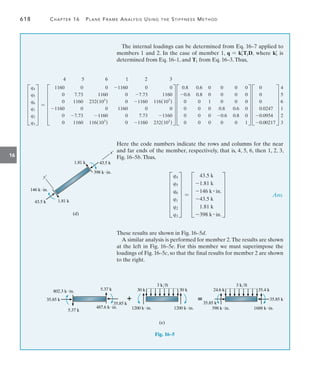 618	 Chapter 16  Plane Frame Analysis Using the Stiffness Method
16
The internal loadings can be determined from Eq. 16–7 applied to
members 1 and 2. In the case of member 1, q = k=
1T1D, where k=
1 is
determined from Eq. 16–1, and T1 from Eq. 16–3.Thus,
        4     5      6   1    2      3
F
q4
q5
q6
q1
q2
q3
V = F
1160 0 0 -1160 0 0
0 7.73 1160 0 -7.73 1160
0 1160 232(103
) 0 -1160 116(103
)
-1160 0 0 1160 0 0
0 -7.73 -1160 0 7.73 -1160
0 1160 116(103
) 0 -1160 232(103
)
V F
0.8 0.6 0 0 0 0
-0.6 0.8 0 0 0 0
0 0 1 0 0 0
0 0 0 0.8 0.6 0
0 0 0 -0.6 0.8 0
0 0 0 0 0 1
V F
0
0
0
0.0247
-0.0954
-0.00217
V
4
5
6
1
2
3
Here the code numbers indicate the rows and columns for the near
and far ends of the member, respectively, that is, 4, 5, 6, then 1, 2, 3,
Fig. 16–5b.Thus,
F
q4
q5
q6
q1
q2
q3
V = F
43.5 k
-1.81 k
-146 k # in.
-43.5 k
1.81 k
-398 k # in.
V        Ans.
These results are shown in Fig. 16–5d.
A similar analysis is performed for member 2.The results are shown
at the left in Fig. 16–5e. For this member we must superimpose the
loadings of Fig. 16–5c, so that the final results for member 2 are shown
to the right.
3 k/ft
35.85 k
802.3 kin.
5.37 k
5.37 k
35.85 k
35.85 k
487.6 kin.
30 k
1200 kin. 1200 kin.
30 k
3 k/ft
24.6 k
398 kin.
(e)
35.85 k
35.4 k
1688 kin.
 
Fig. 16–5
y¿
(d)
x¿
43.5 k
146 kin.
1.81 k
1.81 k
398 kin.
43.5 k
 