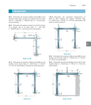 Problems	 619
16
*16–4. Determine the horizontal displacement of
joint ➁. Also compute the support reactions. Take
E = 29(103) ksi, I = 450 in4, A = 8 in2 for each member. All
joints are fixed connected.
50 kft
3
12 ft
8 ft
1
1
12
8 11
4
10
7
9
5
6
4
2
3
3
2
1
4 k
2
Prob. 16–4
16–5.  Determine the structure stiffness matrix K for each
member of the frame. Take E = 29(103) ksi, I = 700 in4,
A = 30 in2 for each member.
16–6.  Determine the internal loadings at the ends of each
member. Take E = 29(103) ksi, I = 700 in4, A = 30 in2 for
each member.
1
5
8
1
3
2
2
2 3
7
4
6
8 k
12 ft
1
6 ft 6 ft
9
Probs. 16–5/6
16–1.  Determine the structure stiffness matrix K for each
member of the frame. Assume ➂ is pinned and ➀ is fixed.
Take E = 200 GPa, I = 300(106) mm4, A = 21(103) mm2
for each member.
16–2.  Determine the support reactions at ➀ and ➂.Assume
➂ is pinned and ➀ is fixed. Take E = 200 GPa,
I = 300(106) mm4, A = 21(103) mm2 for each member.
2
1
2
3
2
300 kN · m
1
9
5 m
4 m
3
6
4
5
1
8
7
Probs. 16–1/2
16–3.  Determine the structure stiffness matrix K for each
member of the frame. Take E = 29(103) ksi, I = 450 in4,
A = 8 in2 for each member.All joints are fixed connected.
50 kft
3
12 ft
8 ft
1
1
12
8 11
4
10
7
9
5
6
4
2
3
3
2
1
4 k
2
Prob. 16–3
Problems
 