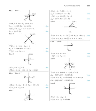 Fundamental Solutions 	 657
F3–3.	Joint C
S
+ Fx = 0;   10 - FCD cos 45 = 0
FCD = 14.14 kN (T) = 14.1kN(T) Ans.
+ cFy = 0;   FCB - 14.14 sin 45 = 0
FCB = 10.0 kN (C) Ans.
Joint D
+QFx = 0;   14.14 - FDA = 0	
FDA = 14.14 kN (T) = 14.1 kN (T) Ans.
a+ Fy = 0;   FDB = 0 Ans.
Joint B 10 kN
FBA
NB
B
S
+ Fx = 0;   FBA = 0 Ans.
+ cFy = 0;   NB - 10.0 = 0	   NB = 10.0 kN
F3–4.	Joint D
2 k
FDA
FDC
D
S
+ Fx = 0;   FDC - 2 = 0   FDC = 2.00 k (T) Ans.
+ cFy = 0;   FDA = 0 Ans.
Joint C
FCA
FCB
2 C
3
5
4
FCD FCB
C
45
10 kN
FDA FDB
D
14.14 kN
S
+ Fx = 0;    FCA13
52 - 2 = 0
FCA = 3.333 k (C) = 3.33 k (C) Ans.
+ cFy = 0;   3.33314
52 - FCB = 0
FCB = 2.667 k (T) = 2.67 k (T) Ans.
Joint A
FAB
NA
3.333 k
3
5
4
S
+ Fx = 0;   FAB - 3.33313
52 = 0   FAB = 2.00 k (T) Ans.
+ cFy = 0;   NA - 3.33314
52 = 0   NA = 2.667 k
F3–5.	 Joint D
	
FDA
FDC
S
+ Fx = 0;   FDC = 0 Ans.
+ cFy = 0;   FDA = 0 Ans.
Joint C
	
FCA
FCB
C
8 kN
45 60
S
+ Fx = 0;   8 cos 60 - FCA cos 45 = 0
FCA = 5.657 kN (T) = 5.66 kN (T) Ans.
+ cFy = 0;	   FCB - 5.657 sin 45 - 8 sin 60 = 0
FCB = 10.93 kN (C) = 10.9 kN (C) Ans.
Joint B
	 FAB
NB
10.93 kN
S
+ Fx = 0;      FAB = 0 Ans.
+ cFy = 0;     NB = 10.93 kN
 