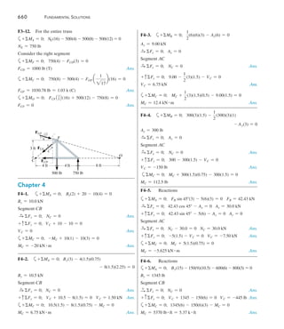 660	 Fundamental Solutions
F3–12.	 For the entire truss
a+ MA = 0; NE(16) - 500(4) - 500(8) - 500(12) = 0
NE = 750 lb
Consider the right segment
a+ MF = 0; 	  750(4) - FCD(3) = 0
FCD = 1000 lb (T)  Ans.
a+ MC = 0; 	 750(8) - 500(4) - FGF a
1
217
b(16) = 0
FGF = 1030.78 lb = 1.03 k (C)  Ans.
a+ MO = 0; FCF13
52(16) + 500(12) - 750(8) = 0
FCF = 0  Ans.
3 ft
4 ft 4 ft 8 ft
C
F
O
750 lb
500 lb
1
3
5
4
4
FCD
FCF
FGF
17
Chapter 4
F4–1.	 a+ MA = 0;   By(2) + 20 - 10(4) = 0
By = 10.0 kN
Segment CB
S
+ Fx = 0;   NC = 0 Ans.
+ cFy = 0;  VC + 10 - 10 = 0
VC = 0 Ans.
a+ MC = 0; 	  -MC + 10(1) - 10(3) = 0 
MC = -20 kN # m Ans.
F4–2.   
a+ MA = 0; By(3) - 4(1.5)(0.75)
- 8(1.5)(2.25) = 0
By = 10.5 kN
Segment CB
S
+ Fx = 0;  NC = 0 Ans.
+ cFy = 0;	 VC + 10.5 - 8(1.5) = 0	 VC = 1.50 kN Ans.
a+ MC = 0;  	10.5(1.5) - 8(1.5)(0.75) - MC = 0
MC = 6.75 kN # m Ans.
F4–3.	
  
a+ MB = 0;  
1
2
(6)(6)(3) - Ay(6) = 0
Ay = 9.00 kN
S
+ Fx = 0;    Ax = 0
Segment AC
S
+ Fx = 0; NC = 0 Ans.
+ cFy = 0;       9.00 -
1
2
(3)(1.5) - VC = 0 
VC = 6.75 kN    Ans.
a+ MC = 0;   MC +
1
2
(3)(1.5)(0.5) - 9.00(1.5) = 0
MC = 12.4 kN # m Ans.
F4–4.	  a+ MB = 0;  300(3)(1.5) -
1
2
(300)(3)(1)
- Ay(3) = 0
Ay = 300 lb
S
+ Fx = 0;    Ax = 0
Segment AC
S
+ Fx = 0;    NC = 0 Ans.
+ cFy = 0;   300 - 300(1.5) - VC = 0
VC = -150 lb Ans.
aMC = 0; 	 MC + 300(1.5)(0.75) - 300(1.5) = 0
MC = 112.5 lb Ans.
F4–5.	Reactions
a+ MA = 0;	 FB sin 45(3) - 5(6)(3) = 0	 FB = 42.43 kN
S
+ Fx = 0;   42.43 cos 45 - Ax = 0   Ax = 30.0 kN
+ cFy = 0;   42.43 sin 45 - 5(6) - Ay = 0   Ay = 0
Segment AC
S
+ Fx = 0;   NC - 30.0 = 0    NC = 30.0 kN Ans.
+ cFy = 0;   -5(1.5) - VC = 0     VC = -7.50 kN Ans.
a+ MC = 0;   MC + 5(1.5)(0.75) = 0	
MC = -5.625 kN # m Ans.
F4–6.	Reactions
a+MA = 0;    By(15) - 150(9)(10.5) - 600(6) - 800(3) = 0
By = 1345 lb
Segment CB
S
+ Fx = 0;   NC = 0 Ans.
+ cFy = 0;   VC + 1345 - 150(6) = 0   VC = -445 lb Ans.
a+ MC = 0; 	
1345(6) - 150(6)(3) - MC = 0
MC = 5370 lb # ft = 5.37 k # ft Ans.
 