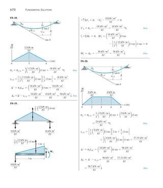 Fundamental Solutions 	 667
	 v1 = 0   at  x1 = 0.    From Eq (2),     C2 = 0
	
dv1
dx1
= 0       at      x1 =
L
2
.      From Eq (1),    C1 = -
PL2
16
	
dv2
dx2
= 0       at       x2 =
L
2
.      From Eq (3),    C3 = -
3PL2
16
	 v2 = 0     at    x2 = L.    From Eq (4),    C4 =
PL3
48
	 v1 =
Px1
48EI
(4x2
1 - 3L2
) Ans.
	 v2 =
P
48EI
(-4x3
2 + 12Lx2
2 - 9L2
x2 + L3
) Ans.
F8–7.	 M = Px - PL
	 EI
d2
v
dx2
= Px - PL
	 EI
dv
dx
=
P
2
x2
- PLx + C1 		 (1)
	 EI v =
P
6
x3
-
PL
2
x2
+ C1x + C2 	(2)
	
dv
dx
= 0   at        x = 0.    From Eq (1),     C1 = 0
	 v = 0      at       x = 0.      From Eq (2),  C2 = 0
	 v =
Px
6EI
(x2
- 3Lx)  Ans.
F8–8.	 M = M0 -
M0
L
x
	 EI
d2
v
dx2
= M0 -
M0
L
x
	 EI
dv
dx
= M0x -
M0
2L
x2
+ C1
	 EI v =
M0
2
x2
-
M0
6L
x3
+ C1x + C2 	(1)
	 v = 0  at       x = 0.      From Eq (1),  C2 = 0
	 v = 0    at    x = L.     From Eq (1),  C1 = -
M0L
3
	 v =
M0
6EIL
(-x3 + 3Lx2 - 2L2x) Ans.
F8–9.	For 0 … x1 6
L
2
	 M = -
M0
L
x1
	 EI
d2
v1
dx2
1
= -
M0
L
x1
	 EI
dv1
dx1
= -
M0
2L
x2
1 + C1 			 (1)
	 EIv1 = -
M0
6L
x3
1 + C1x1 + C2		 (2)
	For
L
2
6 x2 … L
	 M = M0 -
M0
L
x2
	 EI
d2
v2
dy2
2
= M0 -
M0
L
x2
	 EI
dv2
dx2
= M0x2 -
M0
2L
x2
2 + C3		 (3)
	 EIv2 =
M0
2
x2
2 -
M0
6L
x3
2 + C3x2 + C4	(4)
	 v1 = 0    at    x1 = 0.    From Eq (2),    C2 = 0
	 v2 = 0    at    x2 = L.    From Eq (4),
	 0 = C3L + C4 +
M0L2
3
(5)
	
dv1
dx1
=
dv2
dx2
    at    x1 = x2 =
L
2
.  From Eqs (1)
	 and (3),    C1 - C3 =
M0L
2
(6)
	 v1 = v2    at    x1 = x2 =
L
2
.    From Eqs (2) and (4),
 	 C1L - C3L - 2C4 =
M0L2
4
(7)
	 Solving Eqs (5), (6) and (7)
	 C4 =
M0L2
8
  C3 = -
11M0L
24
 C1 =
M0L
24
	 v1 =
M0
24EIL
1-4x3
1 + L2
x12 Ans.
	 v2 =
M0
24EIL
1-4x3
2 + 12Lx2
2 - 11L2
x2 + 3L3
2 Ans.
 