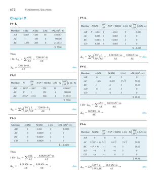 Fundamental Solutions 	 669
F8–14.	
tan A
tan B
uB/A
uB
B  tB/A
4
x (m)
M
—
EI 8 kNm
————
EI
uB = uBA  = a
8 kN # m
EI
b(4 m) =
32 kN # m2
EI
  a Ans.
B = tBA  = c a
8 kN # m
EI
b(4 m)d c
1
2
(4 m)d
	 =
64 kN # m3
EI
c Ans.
F8–15.	
2 m
M¿B
V¿B
(4 m)
8 kNm
————
EI
+ cFy = 0;   a
8 kN # m
EI
b(4 m) - VB = 0       
uB =
32 kN # m2
EI
a Ans.
a+ MB = 0;   M
B - c a
8 kN # m
EI
b(4 m) d (2 m) = 0
 MB = B =
64 kN # m3
EI
c  Ans.
F8–16.	
tan B
tan C
uA
tC/A
C
tB/A
tan A
¿
  3
1.5
x (m)
M
—
EI
5 kNm
————
EI
2.5 kNm
————
EI
tBA = c
1
2
a
5 kN # m
EI
b(3 m) d c
2
3
(3 m) d =
15 kN # m3
EI
tCA = c
1
2
a
2.5 kN # m
EI
b(1.5 m)d c
2
3
(1.5 m)d
 + c a
2.5 kN # m
EI
b(1.5 m)d c
1
2
(1.5 m)d
=
4.6875 kN # m3
EI
 =
1
2
tBA =
1
2
a
15 kN # m3
EI
b =
7.5 kN # m3
EI
uA =
tBA 
LAB
=
15 kN # m3
EI
3 m
=
5 kN # m2
EI
   c	 Ans.
C =  - tCA =
7.5 kN # m3
EI
-
4.6875 kN # m3
EI
=
2.81 kN # m3
EI
T Ans.
F8–17.
(3 m)
1
—
2
5 kNm2
————
EI
2.5 kNm2
—————
EI
5 kNm
————
EI
1 m 2 m
2.5 kNm2
—————
EI
0.5 m
1.5 m
M¿C
V¿C
(1.5 m)
1
—
2
2.5 kNm
————
EI
+ cFy = 0;  -V
A -
5 kN # m2
EI
= 0  
uA = V
A = -
5 kN # m2
EI
=
5 kN # m2
EI
  c Ans.
a+ MC = 0; c
1
2
a
2.5 kN # m
EI
b(1.5 m)d (0.5 m)
- a
2.5 kN # m2
EI
b(1.5 m) - MC = 0
C = MC = -
2.8125 kN # m3
EI
=
2.81 kN # m3
EI
T  Ans.
 
