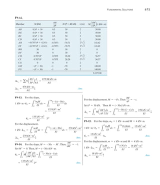 672	 Fundamental Solutions
Chapter 9
F9–1. 
Member n (lb) N (lb) L (ft) nNL (lb2 # ft)
AB -1.667 -250 10 4166.67
AC 1  150 6   900.00
BC  1.333  200 8 2133.33
 7200
Thus,
1 lb # Bv
= a
nNL
AE
=
7200 lb2 # ft
AE
Bv
=
7200 lb # ft
AE
T Ans.
F9–2.
Member N
dN
dP
N (P = 150 lb) L (ft) N a
dN
dP
bL (lb # ft)
AB -1.667P -1.667 -250 10 4166.67
AC P 1  150 6 900.00
BC 1.333P 1.333  200 8 2133.33
 7200
Bv
= aN a
dN
dP
b
L
AE
=
7200 lb # ft
AE
T Ans.
F9–3.	
Member n (kN) N (kN) L (m) nNL (kN2 # m)
AB 1 -4.041 2 -8.0829
AC 0  8.0829 2 0
BC 0 -8.0829 2 0
CD 0  8.0829 1 0
 -8.0829
Thus,
1 kN # Ah
= a
nNL
AE
= -
8.0829 kN2 # m
AE
Ah
= -
8.08 kN # m
AE
=
8.08 kN # m
AE
S  Ans.
F9–4.	
Member N (kN)
dN
dP
N (P = 0)(kN) L (m) N a
dN
dP
bL (kN #m)
AB P - 4.041 1 -4.041 2 -8.083
AC  8.083 0  8.083 2 0
BC -8.083 0 -8.083 2 0
CD 8.083 0  8.083 1 0
 –8.083
Ah
= aNa
dN
dP
b
L
AE
= -
8.083 kN # m
AE
=
8.08 kN # m
AE
SAns.
F9–5.	
Member n (kN) N (kN) L (m) nNL (kN2 # m)
AB  0 0 3 0
AC     
1.414 8.485 322 50.91
BC –1 –6 3 18.00
AD  0 –6 3 0
CD –1 0 3 0
 68.91
1 kN # Dh
= a
nNL
AE
=
68.91 kN2 # m
AE
Dh
=
68.9 kN # m
AE
S  Ans.
F9–6.	
Member N (kN)
dN
dP
N (P = 0)(kN) L (m) N a
dN
dP
bL (kN #m)
AB 0 0 0 3 0
AC 22(P + 6) 22 622 322 50.91
BC -(P + 6) -1 -6 3 18.00
AD -6 0 -6 3 0
CD -p -1 0 3 0
 68.91
Dh
= Na
dN
dP
b
L
AE
=
68.9 kN # m
AE
S  Ans.
 