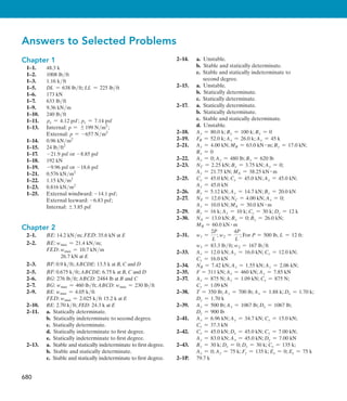 Fundamental Solutions 	 677
F9–21.	 For the slope, (mu)1 = 0, (mu)2 = -1 kN # m,
M1 = (-12x1) kN # m, and M2 = -12(x2 + 2) kN # m.
1 kN # m # uC =
L
L
0
muM
EI
dx =
L
2m
0
0(-12x1)
EI
dx
+
L
2m
0
(-1)3 -12(x2 + 2)4
EI
dx
1 kN # m # uC =
72 kN2 # m3
EI
uC =
72 kN # m2
EI
d Ans.
For the displacement, m1 = 0, m2 = -x2, M1 = (-12x1) kN#m,
and M2 = -12(x2 + 2) kN # m.
1 kN # C =
L
L
0
mM
EI
dx =
L
2m
0
0(-12x1)
EI
dx
+
L
2m
0
(-x2)3-12(x2 + 2)4
EI
dx
1 kN # Cv
=
80 kN2 # m3
EI
Cv
=
80 kN # m3
EI
T  Ans.
F9–22.	 For the slope, M1 = (-12x1) kN # m, and
M2 = -12(x2 + 2) - M.
Thus,
0M1
0M
= 0 and
0M2
0M
= -1. Set M = 0, M2 = -12(x2 + 2).
uC =
L
L
0
M a
0M
0M
b
dx
EI
=
L
2 m
0
-12x1(0)
EI
dx +
L
2
0
3-12(x2 + 2)4(-1)
EI
dx
=
72 kN # m
EI
d Ans.
For the displacement,M1 = (-12x1) kN # m and
M2 = -12(x2 + 2) - Px2.
Thus,
0M1
0P
= 0 and
0M2
0P
= -x2. Set P = 0,
M2 = -12(x2 + 2) kN # m.
C =
L
L
0
M a
0M
0P
b
dx
EI
=
L
2m
0
(-12x1)(0)
EI
dx +
L
2m
0
3 -12(x2 + 2)4(-x2)
EI
dx
=
80 kN # m3
EI
T
F9–23.	
M1 = 0.5x1, M2 = 0.5x2, M1 = a24x1 -
1
6
x1
3
b kN # m
and M2 = a48x2 - 6x2
2 +
1
6
x2
2b kN # m.
1 kN # Cv
=
L
L
0
mM
EI
dx =
L
6m
0
(0.5x1)a24x1 -
1
6
x3
1b
EI
dx1 +
L
6m
0
(0.5x2)a48x2 - 6x2
2 +
1
6
x3
2b
EI
dx2
	 =
1620 kN2 # m3
EI
 
Cv
=
1620 kN # m3
EI
T Ans.
F9–24.	 M1 = 0.5Px1 + 24x1 -
1
6
x3
1,
M2 = 0.5Px2 + 48x2 - 6x 2
2 +
1
6
x3
2.
Then
0M1
0P
= 0.5x1,
0M2
0P
= 0.5x2.
Set P = 0, M1 = a24x1 -
1
6
x3
1b kN # m and
M2 = a48x2 - 6x 2
2 +
1
6
x3
2b kN # m
Cv
=
L
L
0
Ma
0M
0P
b
dx
EI
=
L
6 m
0
a24x1 -
1
6
x3
1b(0.5x1)
EI
dx1
+
L
6 m
0
a48x2 - 6x 2
2 +
1
6
x3
2b(0.5x2)
EI
dx2
=
1620 kN # m3
EI
T  Ans.
 
