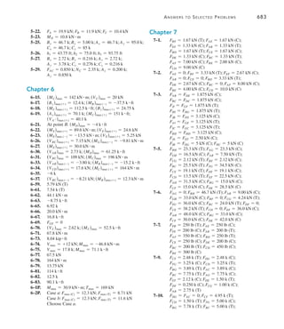 680
Answers to Selected Problems
Chapter 1
1–1.	 48.3 k
1–2.	 1008 lbft
1–3.	 1.16 kft
1–5.	 DL = 638 lbft; LL = 225 lbft
1–6.	 173 kN
1–7.	 633 lbft
1–9.	 9.36 kNm
1–10.	 240 lbft
1–11.	 px = 4.12 psf ; py = 7.14 psf
1–13.	Internal: p = {199 Nm2
;
	External: p = -657 Nm2
1–14.	 0.96 kNm2
1–15.	 24 lbft2
1–17.	 -21.9 psf or -8.85 psf
1–18.	 192 kN
1–19.	 -9.96 psf or -18.6 psf
1–21.	 0.576 kNm2
1–22.	 1.15 kNm2
1–23.	 0.816 kNm2
1–25.	 External windward: -14.1 psf;
	 External leeward: -6.83 psf;
	Internal: {3.85 psf
Chapter 2
2–1.	 BE: 14.2 kNm; FED: 35.6 kN at E
2–2.	 BE: wmax = 21.4 kNm;
	 FED: 
wmax = 10.7 kNm
26.7 kN at E
2–3.	 BF: 0.9 kft; ABCDE: 13.5 k at B, C and D
2–5.	 BF: 0.675 kft; ABCDE: 6.75 k at B, C and D
2–6.	 BG: 276 lbft; ABCD: 2484 lb at B and C
2–7.	 BG: wmax = 460 lbft; ABCD: wmax = 230 lbft
2–9.	 BE: wmax = 4.05 kft
	 FED: 
wmax = 2.025 kft 15.2 k at E
2–10.	 BE: 2.70 kft; FED: 24.3 k at E
2–11.	 a.  Statically determinate.
	 b.  Statically indeterminate to second degree.
	 c.  Statically determinate.
	 d.  Statically indeterminate to first degree.
	 e.  Statically indeterminate to first degree.
2–13.	 a. 
Stable and statically indeterminate to first ­
degree.
	 b.  Stable and statically determinate.
	 c. 
Stable and statically indeterminate to first ­
degree.
2–14.	 a. Unstable.
	 b.  Stable and statically determinate.
	 c. 
Stable and statically indeterminate to
­second degree.
2–15.	 a. Unstable.
	 b.  Statically determinate.
	 c.  Statically determinate.
2–17.	 a.  Statically determinate.
	 b.  Statically determinate.
	 c.  Stable and statically determinate.
	 d. Unstable.
2–18.	 Ay = 80.0 k; By = 100 k; Bx = 0
2–19.	 FB = 52.0 k; Ax = 26.0 k; Ay = 45 k
2–21.	 Ay = 4.00 kN; MB = 63.0 kN # m; By = 17.0 kN;
Bx = 0
2–22.	 Ax = 0; Ay = 480 lb; By = 620 lb
2–23.	 NC = 2.25 kN; By = 3.75 kN; Ax = 0;
Ay = 21.75 kN; MA = 38.25 kN # m
2–25.	 Cy = 45.0 kN; Cx = 45.0 kN; Ax = 45.0 kN;
Ay = 45.0 kN
2–26.	 By = 5.12 kN; Ay = 14.7 kN; Bx = 20.0 kN
2–27.	 NE = 12.0 kN; NC = 4.00 kN; Ax = 0;
Ay = 10.0 kN; MA = 30.0 kN # m
2–29.	 By = 16 k; Ay = 10 k; Cy = 30 k; Dy = 12 k
2–30.	 NA = 13.0 kN; Bx = 0; By = 26.0 kN;
MB = 60.0 kN # m
2–31.	 w1 =
2P
L
; w2 =
4P
L
; For P = 500 lb, L = 12 ft:
	 w1 = 83.3 lbft; w2 = 167 lbft
2–33.	 Ax = 12.0 kN; Ay = 16.0 kN; Cx = 12.0 kN;
Cy = 16.0 kN
2–34.	 NB = 7.42 kN; Ax = 1.55 kN; Ay = 2.06 kN;
2–35.	 F = 311 kN; Ax = 460 kN; Ay = 7.85 kN
2–37.	 Ax = 875 N; Ay = 1.09 kN; Cx = 875 N;
Cy = 1.09 kN
2–38.	 T = 350 lb; Ay = 700 lb; Ax = 1.88 k; Dx = 1.70 k;
Dy = 1.70 k
2–39.	 Ay = 500 lb; Ax = 1067 lb; Dx = 1067 lb;
Dy = 900 lb
2–41.	 Ax = 6.96 kN; Ay = 34.7 kN; Cx = 15.0 kN;
Cy = 37.3 kN
2–42.	 Cx = 45.0 kN; Dx = 45.0 kN; Cy = 7.00 kN;
Ay = 83.0 kN; Ax = 45.0 kN; Dy = 7.00 kN
2–43.	 By = 30 k; Dx = 0; Dy = 30 k; Cy = 135 k;
Ax = 0; Ay = 75 k; Fy = 135 k; Ex = 0; Ey = 75 k
2–1P.	 79.7 k
 