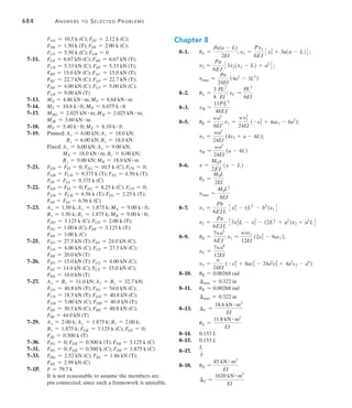 Answers to Selected Problems	 681
Chapter 3
3–1.	 a. Unstable.
	 b.  Statically indeterminate to first degree.
	 c.   Statically determinate.
	 d.  Statically determinate.
3–2.	 a. 
Internally and externally stable.
Statically determinate.
	 b. 
Internally and externally stable.
Statically indeterminate to second degree.
3–3.	 a. 
Internally and externally stable.
Statically determinate.
	 b. 
Internally and externally stable.
Statically indeterminate to first degree.
	 c.   Internally unstable.
3–5.	 FED = 8.33 kN (T); FCD = 6.67 kN (C);
FBC = 6.67 kN (C); FCE = 5 kN (T);
FGF = 20 kN (T); FGA = 15 kN (T);
FAF = 18.0 kN (C); FAB = 10.0 kN (C);
FBE = 4.17 kN (C); FFB = 7.50 kN (T);
FFE = 12.5 kN (T)
3–6.	 FDC = 40.4 kN (C); FDE = 20.2 kN (T);
FCE = 5.77 kN (C); FCB = 17.3 kN (C);
FBA = 28.9 kN (C); FBE = 5.77 kN (T)
3–7.	 FDC = 9.24 kN (T); FDE = 4.62 kN (C);
FCE = 9.24 kN (C); FCB = 9.24 kN (T);
FBE = 9.24 kN (C); FBA = 9.24 kN (T);
FEA = 4.62 kN (C)
3–9.	 FAF = 3.33 k (T); FAB = 2.67 k (C);
FBF = 9.00 k (C); FBC = 2.67 k (C);
FFC = 5.00 k (T); FFE = 1.33 k (C);
FCE = 3.00 k (C); FCD = 1.33 k (T);
FDE = 1.67 k (C)
3–10.	 FGB = FBF = 0; FDE = 13.8 kN (C);
FDC = 11.1 kN (T); FEF = 13.8 kN (C);
FEC = 6.00 kN (C); FCF = 5.37 kN (T);
FCB = 5.07 kN (T); FFG = 10.8 kN (C);
FGA = 10.8 kN (C); FBA = 5.07 kN (T)
3–11.	 FED = FDC = 0; FEF = FCG = 0;
FDF = FDG = 4.24 kN (C);
FAF = FGB = 4.24 kN (C); FAB = 3 kN (T);
FEA = FCB = 4 kN (C)
3–13.	 FAB = 0; FAN = 90.0 k (C); FNB = 106 k (T);
FNM = 75.0 k (C); FML = 75.0 k (C);
FMB = 30.0 k (C); FBL = 63.6 k (C);
FBC = 120 k (T); FCD = 120 k (T); FCL = 0;
FLD = 21.2 k (T); FLK = 135 k (C);
FKD = 30.0 k (C); FFG = 0; FHI = 75.0 k (C);
FIF = 30.0 k (C); FEF = 120 k (T); FJE = 0;
FKJ = 135 k (C)
3–14.	 FED = 6.71 k (T); FEF = 6.00 k (C);
FFD = 6.00 k (T); FFG = 6.00 k (C);
FDG = 6.71 k (C); FDC = 13.4 k (T);
FGC = 9.00 k (T); FGA = 12.0 k (C);
FCA = 8.49 k (C); FCB = 20.1 k (T)
3–15.	 FGF = FEF = 2.25 kN (C);
FGB = FEC = 3.75 kN (T); FAB = FDC = 0;
FAG = FDE = 6.00 kN (C);
FBF = FCF = 3.75 kN (C); FCB = 4.50 kN (T)
3–17.	 FDC = 10.0 kN (C); FDE = 8.00 kN (C);
FCE = 34.2 kN (T); FCB = 24.0 kN (C);
FEA = 24.0 kN (T); FEB = 12.0 kN (C);
FBA = 30.0 kN (C)
3–18.	 FBD = 7.00 kN (T); FBC = 1.00 kN (T);
FED = 7.00 kN (C)
3–19.	 FCD = 2.00 k (T);FJN = 2.50 k (T);FJK = 4.03 k (C);
	Members KN, NL, MB, BL, CL, IO, OH, GE, EH,
HD are zero force members.
3–21.	 FFG = 5.33 kN (C); FGD = 3.33 kN (C);
FCD = 10.0 kN (T); FGA = 8.00 kN (C)
3–22.	 FHB = 0; FAB = 3.00 kN (T); FHC = 5.41 kN (T);
FHG = 6.71 kN (C)
3–23.	 FGC = 3.00 kN (C); FBC = 3.00 kN (T);
FGF = 6.71 kN (C); FHC = 5.41 kN (T);
3–25.	 FJI = 117.5 kN (C); FDE = 97.5 kN (T);
FJD = 61.7 kN (C)
3–26.	 FHI = 16.0 k (T);FID = 8.94 k (T);FDC = 24.7 k (C);
3–27.	 FGF = 1.80 k (C); FFB = 693 lb (T);
FBC = 1.21 k (T)
3–29.	 FIH = 6.00 kN (T); FID = 4.24 kN (T);
FCD = 10.1 kN (C)
3–30.	 FJI = 9.00 kN (T); FIC = 6.00 kN (C);
FCD = 10.1 kN (C)
3–31.	 FBC = 9.75 kN (T); FHC = 1.06 kN (C);
FGH = 10.1 kN (C)
3–33.	 FAB = 0; FAG = 1.50 k (C); FGB = 0.707 k (T);
FGL = 0.500 k (C); FGI = 0.707 k (C);
FLI = 0.707 k (T); FLK = 0.500 k (C);
FIK = 0.707 k (C); FIF = 0.707 k (T);
FBF = 2.12 k (T); 	
FBC = 1.00 k (C);
FFC = 0.707 k (T); FFH = 2.12 k (T);
FKH = 0.707 k (T); FKJ = 1.50 k (C);
FJH = 2.12 k (T); FCD = 0; 	
FDE = 0.500 k (C);
FCE = 0.707 k (C); FHE = 0.707 k (T);
FJE = 1.50 k (C)
3–34.	 FAD = 0; FAF = 4.00 kN (C); FFD = 8.94 kN (T);
FFE = 11.3 kN (C); FBC = 4.00 kN (C);
FCE = 8.94 kN (T); FBE = 0; FCD = 11.3 kN (C);
FED = 16.0 kN (C)
3–35.	 FAB = 3.90 kN (C); FBC = 2.50 kN (C);
FCD = 2.50 kN (C);
FBG = FGF = FGH = FCH = FHE = 0
3–37.	 FDE = FCD = FAD = FCE = FAC = 0;
FAE = 671 lb (C); FBE = 900 lb (T); FBC = 0;
FAB = 600 lb (C)
 