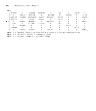 Answers to Selected Problems	 689
14–6.	 D1 =
933
AE
	 q1 = 11.3 k (C)
14–7.
	 K = AE
0.8536 0.3536 -0.3536 -0.3536 0 0 -0.5 0
0.3536 0.3536 -0.3536 -0.3536 0 0 0 0
-0.3536 -0.3536 1.0606 0.3536 -0.3536 -0.3536 -0.3536 0.3536
-0.3536 -0.3536 0.3536 1.0606 -0.3536 -0.3536 0.3536 -0.3536
0 0 -0.3536 -0.3536 0.8536 0.3536 0 -0.5
0 0 -0.3536 -0.3536 0.3536 0.3536 0 0
-0.5 0 -0.3536 0.3536 0 0 0.8536 -0.3536
0 0 0.3536 -0.3536 -0.5 0 -0.3536 0.8536
14–9.
	 K = 103
113.4 28.8 -38.4 -28.8 0 0 -75 0
28.8 121.6 -28.8 -21.6 0 100 0 0
-38.4 -28.8 113.4 28.8 -75 0 0 0
-28.8 -21.6 28.8 121.6 0 0 0 -100
0 0 -75 0 113.4 -28.8 -38.4 28.8
0 -100 0 0 -28.8 121.6 28.8 -21.6
-75 0 0 0 -38.4 28.8 113.4 -28.8
0 0 0 -100 28.8 -21.6 -28.8 121.6
14–10.	 q6 = 729 N
14–11.	
K = AE
F
1 2 3 4 5 6
0.40533 0.096 0.01697 -0.11879 -0.33333 0 1
0.096 0.128 0.02263 -0.15839 0 0 2
0.01697 0.02263 0.129 -0.153 0 0.17678 3
-0.11879 -0.15839 -0.153 0.321 0 -0.17678
V
4
-0.33333 0 0 0 0.33333 0 5
0 0 0.17678 -0.17678 0 0.25 6
Chapter 15
15–1.	 q6 = 22.5 kN # m; q2 = -11.25 kN # m
15–2.	 Q4 = 4.125 kN; Q5 = 15.75 kN;
	 Q6 = 4.125 kN
15–3.	 F1 = F3 = 25.5 k; F2 = 21.0 k
15–5.	 M2 = M3 = 30.0 k # ft
15–6.	 M3 = 2.25 kN # m; M1 = 4.50 kN # m
15–7.	 M2 = 18.5 kN # m; M3 = 20.4 kN # m
15–9.	 Q2 = -
wL2
6
; Q3 = wL; Q4 = -
wL2
3
15–10.	 Q3 = 122 k # ft; Q5 = 230 k # ft
15–11.  Q3 = 131 k # ft; Q5 = 236 k # ft
 