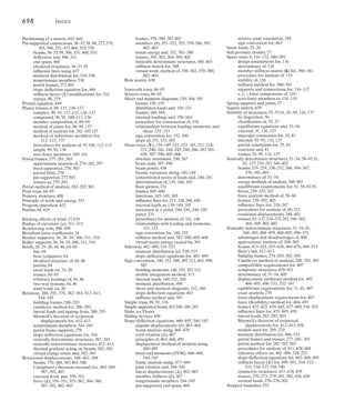 Index	 695
Maxwell’s theorem of reciprocal, 412–413, 458
methods of analysis for, 405–407
, 461–463
moment (u), 351–352, 355, 370–380, 387
,
402–403
moment distribution for, 518–525
nodes, 466
rotational, 370–380, 387
, 403, 544, 588
sidesway, 482–489, 518–525
slope-deflection equations for, 463–465,
518–525
statically determinate structures, 348–403
statically indeterminate structures, 405–407
,
412–413, 458, 461–465, 482–489, 518–525
stiffness factor (K), 498–501, 510–515, 531,
530–531
stiffness matrix for, 553, 557
, 588–589
stiffness method for analysis of, 605–606
strain energy and, 352, 381–386
trusses, 356–362, 364–369, 402, 551, 553, 557
unit, 553, 557
, 588–589
virtual work method for analysis of, 356–362,
370–380, 402–403, 412–413
Distributed loads along beams, 150–151
Distribution factor (DF), 499, 501
Double integration method, 313–319, 346
beam deflection analysis, 313–319, 346
boundary conditions for, 313
continuity conditions for, 313
procedures for analysis using, 314
sign convention for, 313
Earthquake loads, 26–27
acceleration response spectrum, 27
dynamic analysis of, 26–27
static analysis of, 27
Elastic-beam theory, 311–312
Elastic curve, 305–314, 320–329, 346–347
center of curvature (O¿), 311
deflection diagram representation of,
306–307
, 346
deflections and, 305–311, 313–314,
320–329, 346
elastic-beam theory and, 311–312
flexural rigidity (EI), 312
inflection point, 307
moment-area theorems for, 320–329, 347
radius of curvature (r), 311–312
slope and, 306–307
, 313, 320–329
Elastic strain energy, 349. See also Strain energy
Elements of a matrix, 638
End spans, pin-supported, 468
Energy methods, 348–403
beam analysis, 370–392, 403
Castigliano’s theorem (second), 363–369,
387–392, 403
conservation of energy principle, 349,
353, 402
displacements (deflections), 348–403
external work, 349–353, 363–364, 402
force displacements (), 350–380, 387–392,
402–403
frame analysis, 370–392, 403
procedures for analysis using, 358, 365,
372, 388
moment displacements (u), 351–352, 355,
370–380, 387
, 402–403
rotational displacements, 348–403
strain energy and, 349–353, 363–364,
381–386, 402
truss analysis, 356–362, 364–369, 402–403
virtual strain energy and, 381–386
virtual work, method of, 356–362, 370–380,
402–403
virtual work, principle of, 354–356, 370, 402
work and energy, principle of, 353
Equilibrium, 50–51, 58–67, 81, 91, 116, 407, 411, 458,
499, 501, 531
compatibility equations and, 51
determinacy and, 51, 58–59, 81, 91, 116
displacements, 407, 411, 458
distribution factor (DF), 499, 501
equations of, 50, 58–67, 81
force analysis method, 58–60, 407, 411, 458
free-body diagrams for, 50, 58–67
joints, 499, 501, 531
moment distribution and, 499, 501, 531
procedure for analysis using, 60
requirements for, 50
statically determinate structures, 58–67, 81
statically indeterminate structures, 81, 407,
411, 458, 499, 501, 531
structural stability and, 55–56
trusses, 91, 116
Exact analysis, 270
External loading, 356, 590
global (structure) coordinate system for, 590
truss displacement and, 356
External stability, 91, 116, 137
External work, 349–353, 363–364, 402
conservation of energy principle, 349,
353, 402
deflection (rotational displacement) and,
349–353, 363–364, 402
force and, 350–351
moment of, 351
principle of work and energy, 353
strain energy and, 349–353, 402
Fabrication errors in trusses, 357, 402, 574–579
Fan truss, 85
Finite elements, 550
Fink trusses, 84–85
Fixed arch, 196
Fixed-end moments (FEM), 466–468, 498, 501–504,
519, 534–537, 541, 544–545
beams, 466–498, 501–504, 534–537, 541,
544–545
frames, 498, 519
haunch properties, 534–537
moment distribution and, 498, 501–504, 519,
544–545
nonprismatic members, 534–537, 541,
544–545
relative joint translation of beams, 541
slope-deflection equations and, 466–468,
498, 541
Fixed-support connections, 36–37, 39, 80, 278–279,
303, 306, 331
deflection and, 306, 331
idealized structures, 36–37, 39, 80
portal frames and trusses, 278–279, 303
zero displacement from, 331
Flanges, 5
Flexibility coefficients, 408–410, 412–413, 432
angular, 409
force method of analysis using, 408–410,
412–413, 432
linear, 408–409
matrix form, analysis using, 432
Maxwell’s theorem of reciprocal
displacements, 412–413
Flexibility method, see Force method
Flexibility of cables, 188
Flexural rigidity (EI), 312
Floors, 40–47, 80, 230–233, 267
beams, 40–41, 230
columns, 230
girders, 40, 230–233, 267
idealized structure of, 40–47, 80
influence lines for, 230–233, 267
joists, 40
load transmission, 230
panel points, 230–233
one-way (slab) system, 42–43, 80, 230
tributary loadings, 42–43
two-way (slab) system, 44–45, 80
Force, 4–5, 24, 38–40, 50, 88, 96–107, 118–119,
139–144, 145–149, 185, 211–219, 266,
350–380, 387–392, 402–403, 552–555,
587–590. See also Loads
axial, 88, 305, 352, 552–555
Castigliano’s theorem for, 363–369, 387–392,
403
compressive (C), 88, 96–97
concentrated, 219
energy methods of analysis and, 350–380,
387–392, 402–403
equilibrium of, 50
external work (P) as, 350–351
idealized structures, 38–40
influence lines for reactions, 211–218, 266
internal loadings and, 139–144, 145–149, 185
line of action, 96
magnitude of, 96
method of joints and, 96–99
method of sections and, 102–107
normal (N), 38, 139–144, 185
principle of work and energy for, 353
resultant force coefficients, 24
resultant (F) reactions, 38–40
rotational displacement () from, 350–380,
387–392, 402–403
shear (V), 5, 139–144, 145–149, 185, 587–590
stiffness method and, 552–555, 587–590
strain energy and, 352
structural member, 4–5, 590
tensile (T), 4, 88, 96–97
trusses members, 88, 96–107, 118–119
unknown, determination of, 96–97, 103
virtual work and, 354–362, 370–380, 402–403
x, y, z components, 118
zero-force members, 100–101, 118–119
Force method, 58–60, 404–459, 549
angular flexibility coefficient, 409
beam analysis, 413–421, 435–438
Betti’s law, 412–413
compatibility of displacements for, 407–411,
432–433, 458
composite structures, 429–431
deflection per unit force, 408
displacement method compared to, 407, 549
equilibrium equations for, 58–60
equilibrium of displacements, 407, 411, 458
flexibility coefficients, 408–410, 412–413, 432
flexibility matrix, 432–433
force-displacement requirements, 407, 458
frame analysis, 422–425, 439–445
influence lines, 435–445, 459
linear flexibility coefficient, 408–409
Maxwell’s theorem of reciprocal
displacements for, 412–413, 435–438, 458
procedure for, 408–411, 458
procedure for analysis using, 411
statically indeterminate structures, 404–459
symmetric structures, 433–434, 459
truss analysis, 426–428
unit load and, 408–410
Force transformation (Q) matrix, 555, 574–579, 608
Frames, 8, 33, 40–41, 160–164, 274–293, 302–303,
305–310, 370–392, 403, 422–425, 439–445,
477–489, 496–500, 516–525, 604–621
approximate analysis of, 274–293, 302–303
axial force and, 605–606
bending moments and, 605–606
building, 274–293, 302–303
 