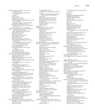 696	 Index
Frames (continued)
cantilever method for, 288–293, 303
Castigliano’s theorem for, 387–392, 403
deflection diagram for, 306–311
deflections of, 305–310, 370–392, 403
displacement method for, 477–489, 496–500,
516–525
displacement transformation (T) matrix
for, 607
elastic curve for, 305–310
fixed-end moments (FEM), 498, 519
fixed supported, 278, 303
force method for, 422–425
force transformation (Q) matrix for, 608
global stiffness matrix (k) for, 609
idealized structure plans, 40–41
inflection point, 307
, 310
influence lines for, 439–445
internal loads in, 160–164
internal virtual moment of, 370
joint displacement, 482–489, 518–525
lateral loads on, 282–293, 303
load-displacement relationships, 605–606
member stiffness matrix (k) for, 605–606, 609
moment diagrams for, 307
moment distribution for, 496–500, 516–525
multistory, 518–519
pin supported, 277
, 303
portal method for, 282–287
, 303
portals, 277–281, 303
procedures for analysis of, 372, 388, 610–611
restrained to prevent sidesway, 477–481,
516–517
rotational displacement of, 370–380, 387
, 403
shear and moment diagrams for, 160–164
shear force and, 605–606
sidesway of, 482–489, 518–525
sign convention for internal loads, 140, 160
slope-deflection equations for, 477–489
statically determinate, 370–392, 403
statically indeterminate, 422–425, 439–445,
477–489, 477–489, 496–500, 516–525
stiffness factor (K), 408–500, 531
structure stiffness matrix (K) for, 610–611
stiffness method for, 604–621
structural systems as, 8, 33
supports and, 306
vertical loads on, 274–276, 302
virtual strain energy and, 381–386
virtual work, method of for, 370–380, 403
Free-body diagrams, 50, 58–67
equilibrium equations and, 50, 58–67
importance of, 61
method of sections for, 50
procedure for analysis using, 60
Funicular arch, 196
Gauss method for solving equations, 649
Girders, 5, 38, 40, 230–233, 267
, 626–627
framing plans using, 40
idealized structure members, 38
influence lines for, 230–233, 267
modeling of, 626–627
panel points, 230–233
structural loads and, 5
support connections, 38
Global (structure) coordinate system, 550,
553–555, 586, 632, 634
Gusset plate, 83
Handbook of Frame Constants, 535
Haunches, 533–537
. See also Nonprismatic
members
Hinge connections, 39, 331, 437
Howe trusses, 84–87
Hydrostatic pressure (loads), 27
Idealized structures, 35–47, 80
beams, 36–37, 40–41
framing plans, 40–41
girders, 38, 40
joint connections for, 36–37
line drawings for, 40–41
models of, 36–37
support connections for, 36–39, 80
tributary loadings of, 42–47, 80
Identity matrix, 639
Impact factor (loads), 16
Inextensible property of cables, 188
Inflection point, 307, 310
Influence area, 13
Influence lines, 210–267, 435–445, 459
absolute maximum shear and moment,
248–252, 267
beams, 219–229, 238–252, 266, 435–438
bending moments (M) and, 211–218, 242–243,
246–247
, 248–252, 266–267
concentrated loads, 219, 238–247, 267
connection devices used for,435–457
construction of, 211–218, 266
curve reactions for, 435–437
deflection and, 222–229, 266, 435–439
envelope of maximum values, 249
floor girders, 230–233, 267
force reactions and, 211–218, 266, 435
frames, 439–445
live loads and, 210–267
maximum at a point, 238–247
Maxwell’s theorem of reciprocal
displacements and, 435–438
moment (M) and, 242–243, 248–252, 267, 437
Müller-Breslau principle for, 222–229, 266,
435–438
procedure for analysis of, 212, 438
qualitative, 222–229, 266, 439–445
series of concentrated loads and, 238–252, 267
shear (V) and, 211–218, 231, 240–241,
244–245, 248, 266–267, 436
statically determinate structures, 210–267
statically indeterminate structures, 435–445,
459
trusses, 234–237, 267
uniform loads, 219
unit load for, 212, 219
Internal loads, 138–185, 304–347, 590
beams, 150–159, 165–169, 304–347
internal bending moment (M) and, 305–319,
330–337, 346
bending moment (M), 139–149, 185, 305–319,
330–337, 346
deflections by, 304–347
elastic curve for, 305–311, 313–314,
320–329, 346
frames, 160–164, 305–307, 310
local (member) coordinate system for, 590
method of sections for, 139–144
moment diagrams for, 165–169
normal force (N) and, 139–144, 185
procedures for analysis of, 141, 146, 154
shear and moment diagrams for, 150–164,
185
shear and moment functions of, 145–149, 158
shear force (V) and, 139–149, 185, 330–337
sign convention for, 140, 152
specific points, at, 139–144, 185
superposition, method of for, 165–169, 185
Internal stability, 92–93, 116, 137
Inverse of a matrix, 646–648
Joint connections, 36–37, 83, 88, 116–117, 306, 331,
482–489, 496–531, 541, 544
beams, 306, 331, 498–515, 541
carry-over factor (CO), 500, 502
deflection and, 306, 331
displacement of, 482–489, 518–525
distribution factor (DF), 499, 501
fixed-end moments (FEM), 498, 501–504,
541
frames, 482–489, 516–525
idealized structures, 36–37
moment distribution method for, 496–531
nonprismatic members, 541, 544
procedure for analysis of, 505
relative joint translation, 541, 544
rotation at, 544
sidesway and, 482–489, 518–525
statically indeterminate structures, 496–531
trusses, 83, 88, 116–117
Joint loadings, trusses, 88, 234–237
Joint reactions, procedure for analysis of, 60
Joint stiffness factor, 499
K-truss, 86–87
Kinematic indeterminacy, 462–463, 551, 586–587
Knee braces, 84
Laminated beams, 5
Laplace expansion, 645
Lateral loads, 282–293, 303
bending from, 282–287
building frames, 282–293, 303
cantilever method, 288–293, 303
portal method, 282–287, 303
rotation (tipping) from, 288–293
Line of action, 96
Linear displacements (), 463, 465, 587–588
Linear elastic response, 305, 363–364, 381–382
Castigliano’s theorem and, 363–364
deflections and, 305
strain energy and, 381–382
Linear flexibility coefficient, 408–409
Live loads, 12–28, 33, 210–267, 628–629
absolute maximum shear and moment
caused by, 248–252, 267
beams, 219–229, 238–252, 266
bridges, 15
buildings, 12–14
earthquake, 26–27
floor girders, 230–233, 267
impact factor, 16
influence area, 13
influence lines for, 210–267
modeling and, 628–629
procedure for analysis of, 212
reduction of, 13–14
series of concentrated, 238–247, 267
snow, 25–26
structures and, 12–28, 33
trusses, 234–237, 267
uniform, 12–14
wind, 16–24, 629
Load and resistance design factor (LRFD), 28
Load-displacement relationships, 552–555,
587–590, 605–606
axial forces, 552–555
bending moments, 587–590
combined axial, bending, and shear,
605–606
shear forces, 587–590
Loads, 9–28, 33, 42–49, 80, 88, 138–185, 188–196,
209, 212, 219, 238–252, 267, 268–303, 356,
408–410, 511–512, 533–537, 539–540, 544,
552–555, 590, 628–629, 633–634. See also
Force; Influence lines
antisymmetric in symmetric beams,
512, 540
arches, 196, 209
assumption analysis of, 268–303
axial, 552–555
 