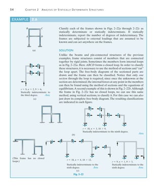 54	 Chapter 2  Analysis of Statically Determinate Structures
2
B
A
C
D
(a)
r = 9, n = 2, 9 7 6,
Statically indeterminate to
the third degree. Ans.
Classify each of the frames shown in Figs. 2–22a through 2–22c as
statically determinate or statically indeterminate. If statically
indeterminate, report the number of degrees of indeterminacy. The
frames are subjected to external loadings that are assumed to be
known and can act anywhere on the frames.
SOLUTION
Unlike the beams and pin-connected structures of the previous
examples, frame structures consist of members that are connected
together by rigid joints. Sometimes the members form internal loops
as in Fig. 2–22a. Here ABCD forms a closed loop. In order to classify
these structures, it is necessary to use the method of sections and “cut”
the loop apart. The free-body diagrams of the sectioned parts are
drawn and the frame can then be classified. Notice that only one
section through the loop is required, since once the unknowns at the
section are determined,the internal forces at any point in the members
can then be found using the method of sections and the equations of
equilibrium.A second example of this is shown in Fig.2–22b.Although
the frame in Fig. 2–22c has no closed loops, we can use this same
method, using vertical sections, to classify it. For this case we can also
just draw its complete free-body diagram.The resulting classifications
are indicated in each figure.
(This frame has no closed
loops.) r = 9, n = 1, 9 7 3,
Statically indeterminate to the
sixth degree.
r = 18, n = 4, 18 7 12,
Statically indeterminate to the
sixth degree.
Fig. 2–22
Ans.
Ans. Ans.
(a)
r = 18, n = 3, 18 7 9,
Statically indeterminate to the ninth degree.
(c)
EXAMPLE 2.6
(b)
 