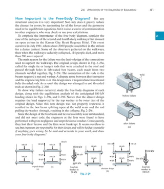 2
	 2.6 Application of the Equations of Equilibrium	 61
How Important is the Free-Body Diagram?  For any
structural analysis it is very important! Not only does it greatly reduce
the chance for errors, by accounting for all the forces and the geometry
used in the equilibrium equations,but it is also a source of communication
to other engineers, who may check or use your calculations.
To emphase the importance of the free-body diagram, consider the
case of the collapse of the second and fourth story walkways that crossed
an open atrium in the  Kansas City Hyatt Regency Hotel. This event
occurred in July 1981, when about 2000 people assembled in the atrium
for a dance contest. Some of the observers gathered on the walkways,
then when the walkways suddenly collapsed, 114 people died, and more
than 200 were injured.
The main reason for the failure was the faulty design of the connections
used to support the walkways. The original design, shown in Fig. 2–29a,
called for single tie or hanger rods that were attached to the roof and
passed through holes in fabricated box beams, each made from two
channels welded together, Fig. 2–29c. The connection of the rods to the
beams required a nut and washer.A dispute arose between the contractor
and the engineering firm over this design since it required unconventional
fully threaded rods. As a result the design was changed to end threaded
rods as shown in ­
Fig. 2–29b.
To show why failure occurred, study the free-body diagrams of each
design, along with the equilibrium analysis of the anticipated 180 kN
loading shown in Figs. 2–29a, and 2–29b. Notice that the altered design
requires the load supported by the top washer to be twice that of the
original design. Since this new design was not properly reviewed, it
resulted in the box beam splitting open at the weld seam and the rod
pulling the washer through, resulting in the collapse, Fig. 2–29c.
Since the design of the box beam and tie rod assembly were substandard,
and did not meet code, the engineers at the firm were found to have
performed with gross negligence and unprofessional conduct.Consequently,
they lost their license and the firm went bankrupt. It seems needless to
say,but engineers are responsible for their design and will be held accountable
if anything goes wrong. So be neat and accurate in your work, and draw
your free-body diagrams!
180 kN
180 kN 180 kN
90 kN
90 kN
180 kN
90 kN
90 kN
180 kN
original design
(a)
180 kN 180 kN
180 kN 180 kN
90 kN 90 kN
180 kN
(b)
180 kN
180 kN
90 kN
load on
washer is
90 kN
90 kN
180 kN
Fig. 2–29
180 kN
180 kN 180 kN
90 kN
90 kN
180 kN
90 kN
90 kN
180 kN
load on
washer is
180 kN
180 kN
alternate design
(b)
original design
(a)
before failure
180 kN
180 kN
weld
180 kN
180 kN 180 kN
90 kN
90 kN
90 kN
90 kN
180 kN
(b)
180 kN
180 kN
90 kN
load on
washer is
90 kN
90 kN
180 kN
180 kN
180 kN 180 kN
90 kN
90 kN
180 kN
90 kN
90 kN
180 kN
load on
washer is
180 kN
180 kN
alternate design
(b)
original design
(a)
before failure
after failure
(c)
180 kN
180 kN
weld
180 kN
180 kN 180 kN
90 kN
90 kN
90 kN
90 kN
180 kN
(b)
180 kN
180 kN
90 kN
load on
washer is
90 kN
90 kN
180 kN
180 kN
180 kN 180 kN
90 kN
90 kN
180 kN
90 kN
90 kN
original design
(a)
180 kN 180 kN
180 kN 180 kN
180 kN
(b)
180 kN
180 kN
90 kN
load on
washer is
90 kN
90 kN
180 kN
180 kN
180 kN 180 kN
90 kN
90 kN
180 kN
90 kN
90 kN
180 kN
load on
washer is
180 kN
180 kN
alternate design
(b)
original design
(a)
180 kN
180 kN
weld
180 kN
180 kN 180 kN
90 kN
90 kN
90 kN
90 kN
180 kN
(b)
180 kN
180 kN
90 kN
load on
washer is
90 kN
90 kN
180 kN
 