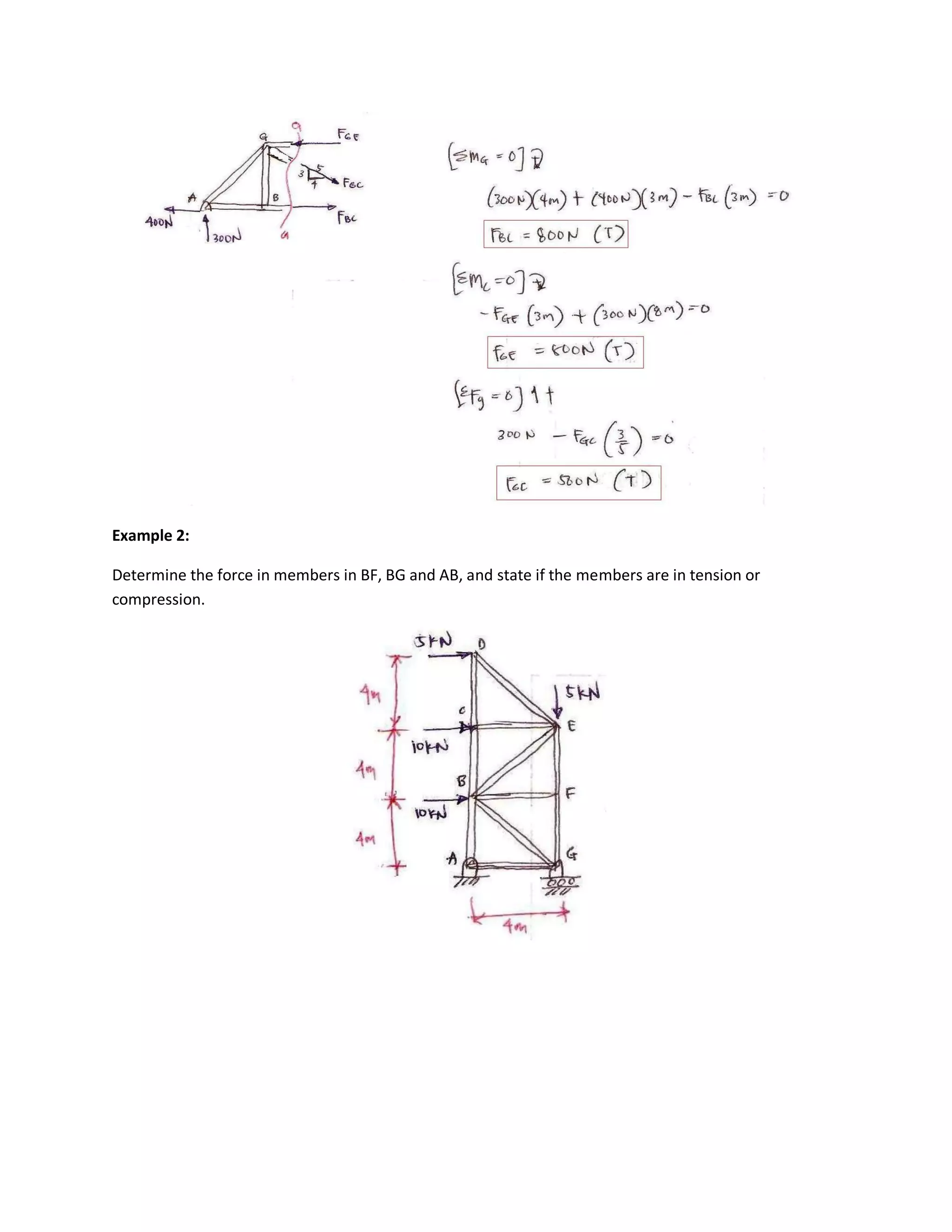 Example 2:
Determine the force in members in BF, BG and AB, and state if the members are in tension or
compression.