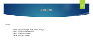Issues:
Part 1: basic concepts in structural analysis
Part 2: structural idealizations
Part 3: structural stability
Part 4: energy methods
2
 