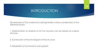 INTRODUCTION
Development of the analytical model generally involves consideration of the
following factors:
1. Determination of whether or not the structure can be treated as a plane
structure
2. Construction of the line diagram of the structure
3. Idealization of connections and supports
34
 