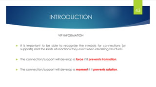 INTRODUCTION
VIP INFORMATION
 It is important to be able to recognize the symbols for connections (or
supports) and the kinds of reactions they exert when idealizing structures.
 The connection/support will develop a force if it prevents translation.
 The connection/support will develop a moment if it prevents rotation.
43
 