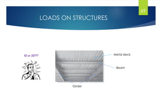 LOADS ON STRUCTURES
 If the slab is RC with steel in only 1D, or the concrete is poured on a
corrugated metal deck  1D action can be assumed.
69
Metal deck
Girder
Beam
1D or 2D???
 