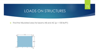 LOADS ON STRUCTURES
 Find the tributated area for beams AB and AC (p = 100 lb/ft2):
A case of two-way action but now L2/L1 = 1.5. In this case, trapezoidal (beam
AB) and triangular (beam AC) distributed loads can be formed.
75
w = (100 lb/ft2)*(5 ft)
w = 500 lb/ft
 