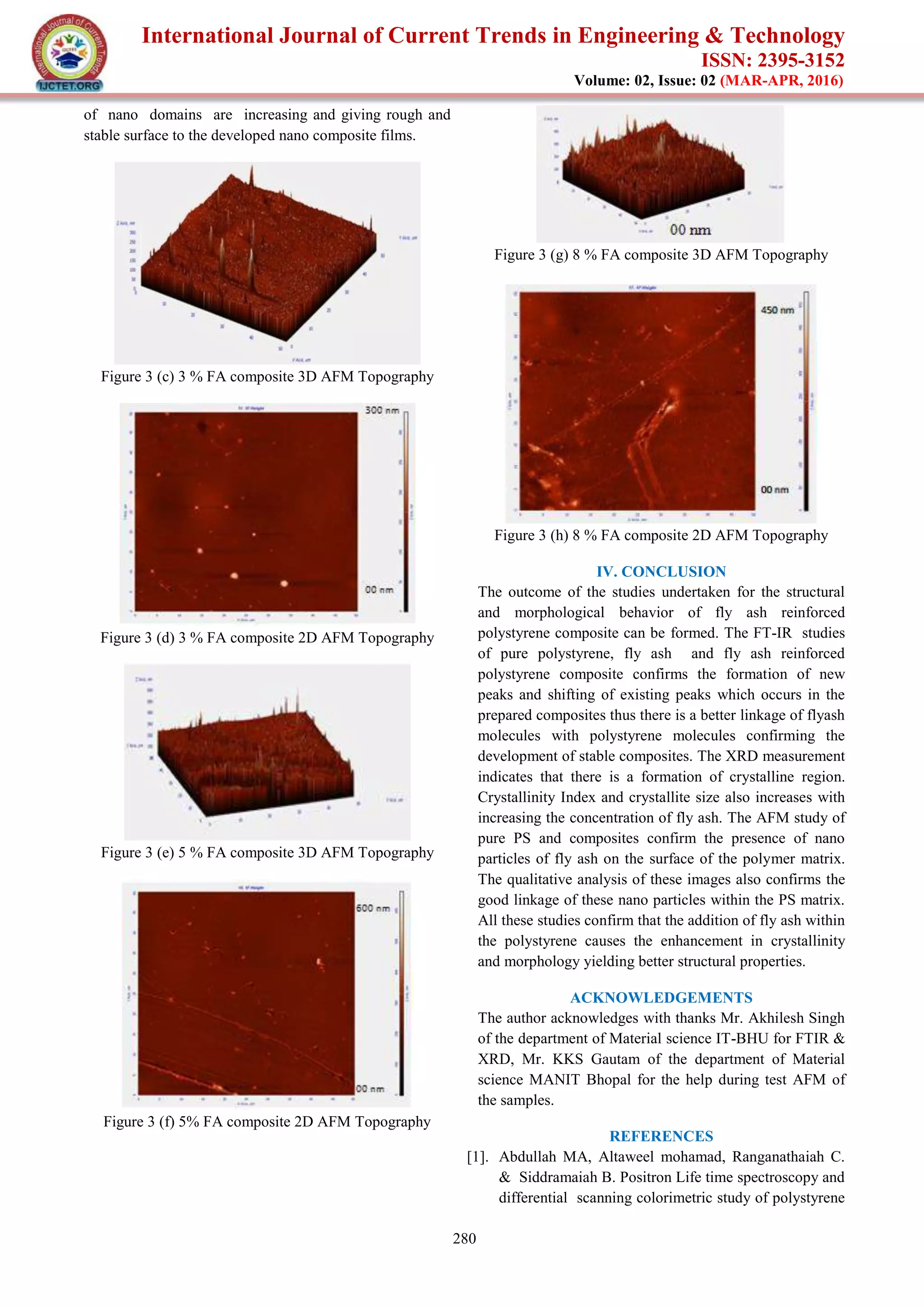 International Journal of Current Trends in Engineering & Technology
ISSN: 2395-3152
Volume: 02, Issue: 02 (MAR-APR, 2016)
280
of nano domains are increasing and giving rough and
stable surface to the developed nano composite films.
Figure 3 (c) 3 % FA composite 3D AFM Topography
Figure 3 (d) 3 % FA composite 2D AFM Topography
Figure 3 (e) 5 % FA composite 3D AFM Topography
Figure 3 (f) 5% FA composite 2D AFM Topography
Figure 3 (g) 8 % FA composite 3D AFM Topography
Figure 3 (h) 8 % FA composite 2D AFM Topography
IV. CONCLUSION
The outcome of the studies undertaken for the structural
and morphological behavior of fly ash reinforced
polystyrene composite can be formed. The FT-IR studies
of pure polystyrene, fly ash and fly ash reinforced
polystyrene composite confirms the formation of new
peaks and shifting of existing peaks which occurs in the
prepared composites thus there is a better linkage of flyash
molecules with polystyrene molecules confirming the
development of stable composites. The XRD measurement
indicates that there is a formation of crystalline region.
Crystallinity Index and crystallite size also increases with
increasing the concentration of fly ash. The AFM study of
pure PS and composites confirm the presence of nano
particles of fly ash on the surface of the polymer matrix.
The qualitative analysis of these images also confirms the
good linkage of these nano particles within the PS matrix.
All these studies confirm that the addition of fly ash within
the polystyrene causes the enhancement in crystallinity
and morphology yielding better structural properties.
ACKNOWLEDGEMENTS
The author acknowledges with thanks Mr. Akhilesh Singh
of the department of Material science IT-BHU for FTIR &
XRD, Mr. KKS Gautam of the department of Material
science MANIT Bhopal for the help during test AFM of
the samples.
REFERENCES
[1]. Abdullah MA, Altaweel mohamad, Ranganathaiah C.
& Siddramaiah B. Positron Life time spectroscopy and
differential scanning colorimetric study of polystyrene
 