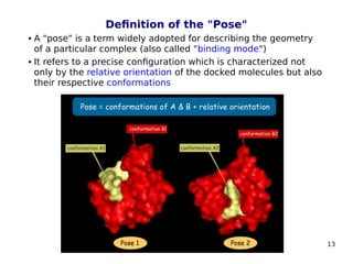13
Definition of the "Pose"
 A "pose" is a term widely adopted for describing the geometry
of a particular complex (also called "binding mode")
 It refers to a precise configuration which is characterized not
only by the relative orientation of the docked molecules but also
their respective conformations
 