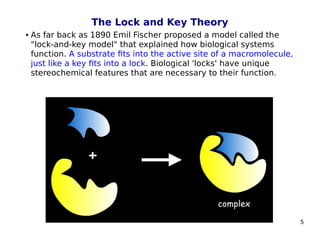 5
The Lock and Key Theory
 As far back as 1890 Emil Fischer proposed a model called the
"lock-and-key model" that explained how biological systems
function. A substrate fits into the active site of a macromolecule,
just like a key fits into a lock. Biological 'locks' have unique
stereochemical features that are necessary to their function.
 