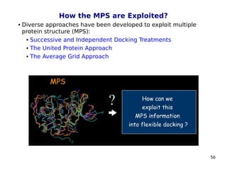56
How the MPS are Exploited?
 Diverse approaches have been developed to exploit multiple
protein structure (MPS):
 Successive and Independent Docking Treatments
 The United Protein Approach
 The Average Grid Approach
 