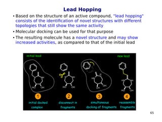65
Lead Hopping
 Based on the structure of an active compound, "lead hopping"
consists of the identification of novel structures with different
topologies that still show the same activity
 Molecular docking can be used for that purpose
 The resulting molecule has a novel structure and may show
increased activities, as compared to that of the initial lead
 
