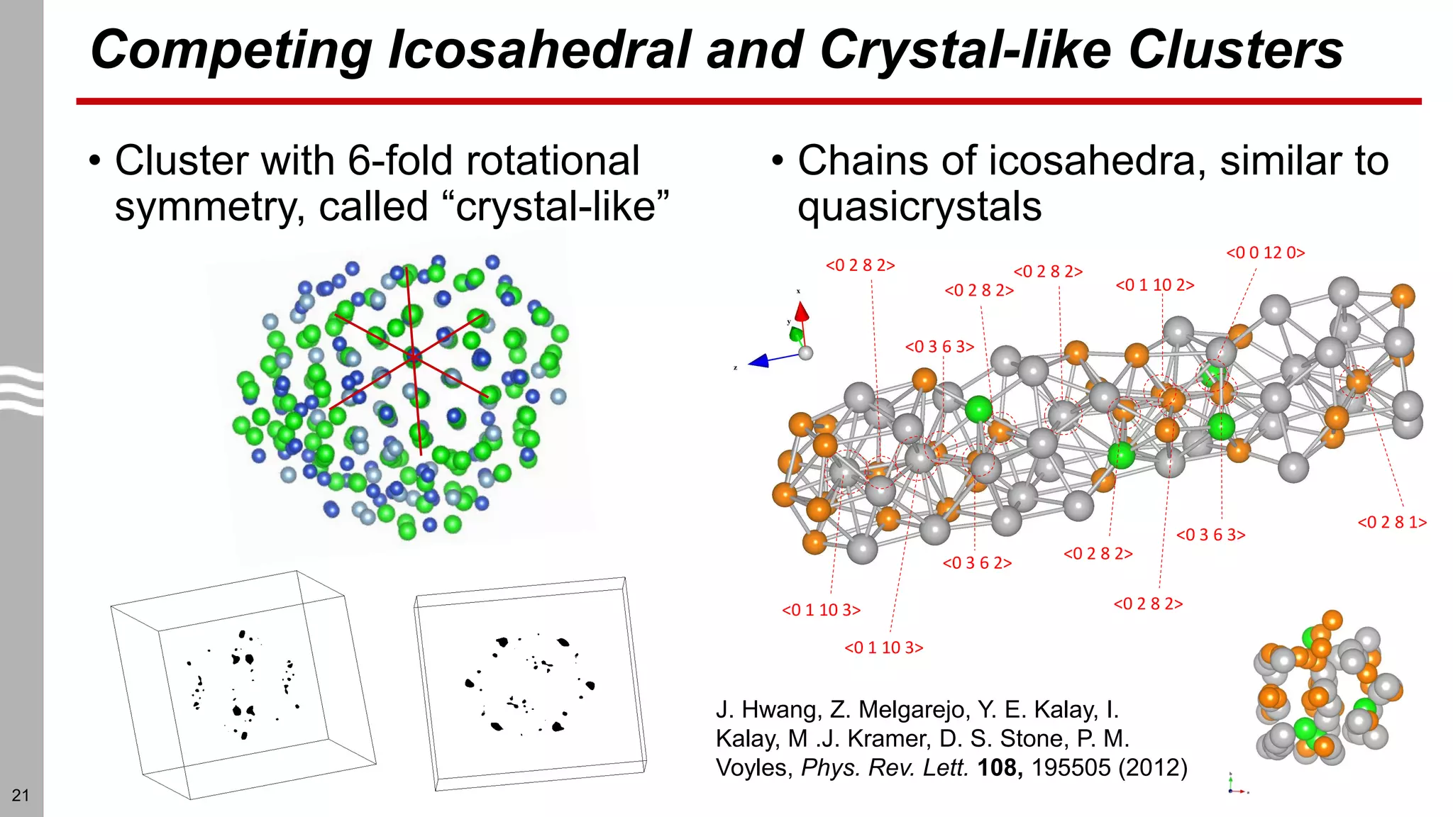 Competing Icosahedral and Crystal-like Clusters
• Cluster with 6-fold rotational
symmetry, called “crystal-like”
• Chains of icosahedra, similar to
quasicrystals
21
<0 1 10 3>
<0 1 10 3>
<0 3 6 3>
<0 3 6 2>
<0 2 8 2>
<0 2 8 2>
<0 2 8 2>
<0 1 10 2>
<0 2 8 2>
<0 3 6 3>
<0 2 8 1>
<0 0 12 0>
<0 2 8 2>
J. Hwang, Z. Melgarejo, Y. E. Kalay, I.
Kalay, M .J. Kramer, D. S. Stone, P. M.
Voyles, Phys. Rev. Lett. 108, 195505 (2012)
 