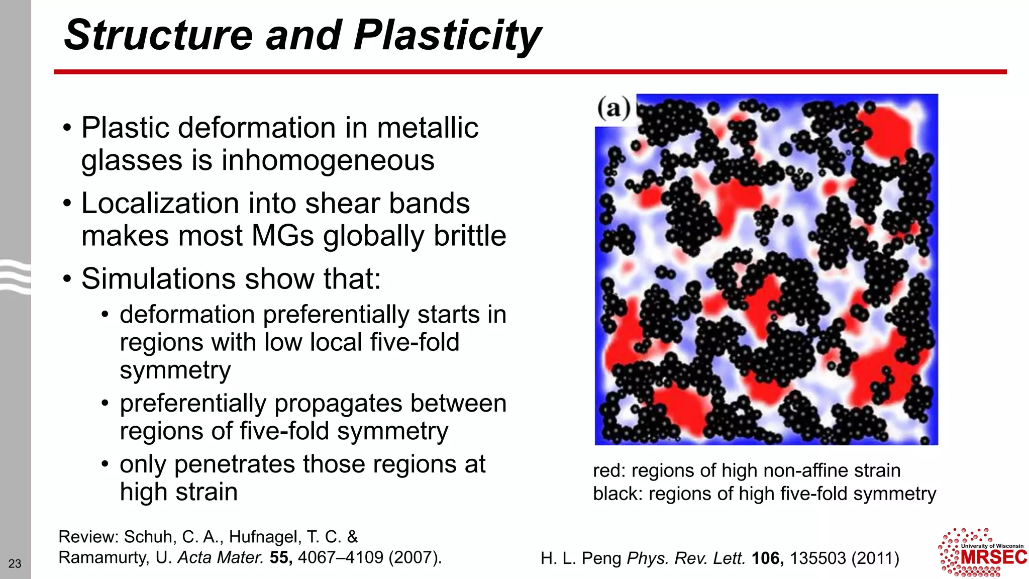 Structure and Plasticity
• Plastic deformation in metallic
glasses is inhomogeneous
• Localization into shear bands
makes most MGs globally brittle
• Simulations show that:
• deformation preferentially starts in
regions with low local five-fold
symmetry
• preferentially propagates between
regions of five-fold symmetry
• only penetrates those regions at
high strain
23 H. L. Peng Phys. Rev. Lett. 106, 135503 (2011)
red: regions of high non-affine strain
black: regions of high five-fold symmetry
Review: Schuh, C. A., Hufnagel, T. C. &
Ramamurty, U. Acta Mater. 55, 4067–4109 (2007).
 