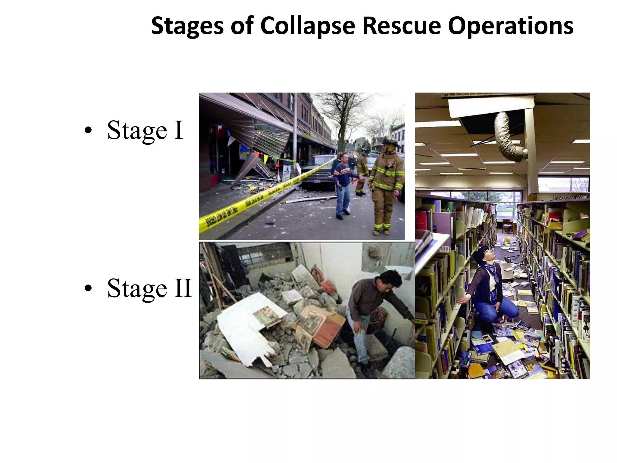 Stages of Collapse Rescue Operations 
• Stage I 
• Stage II 
 