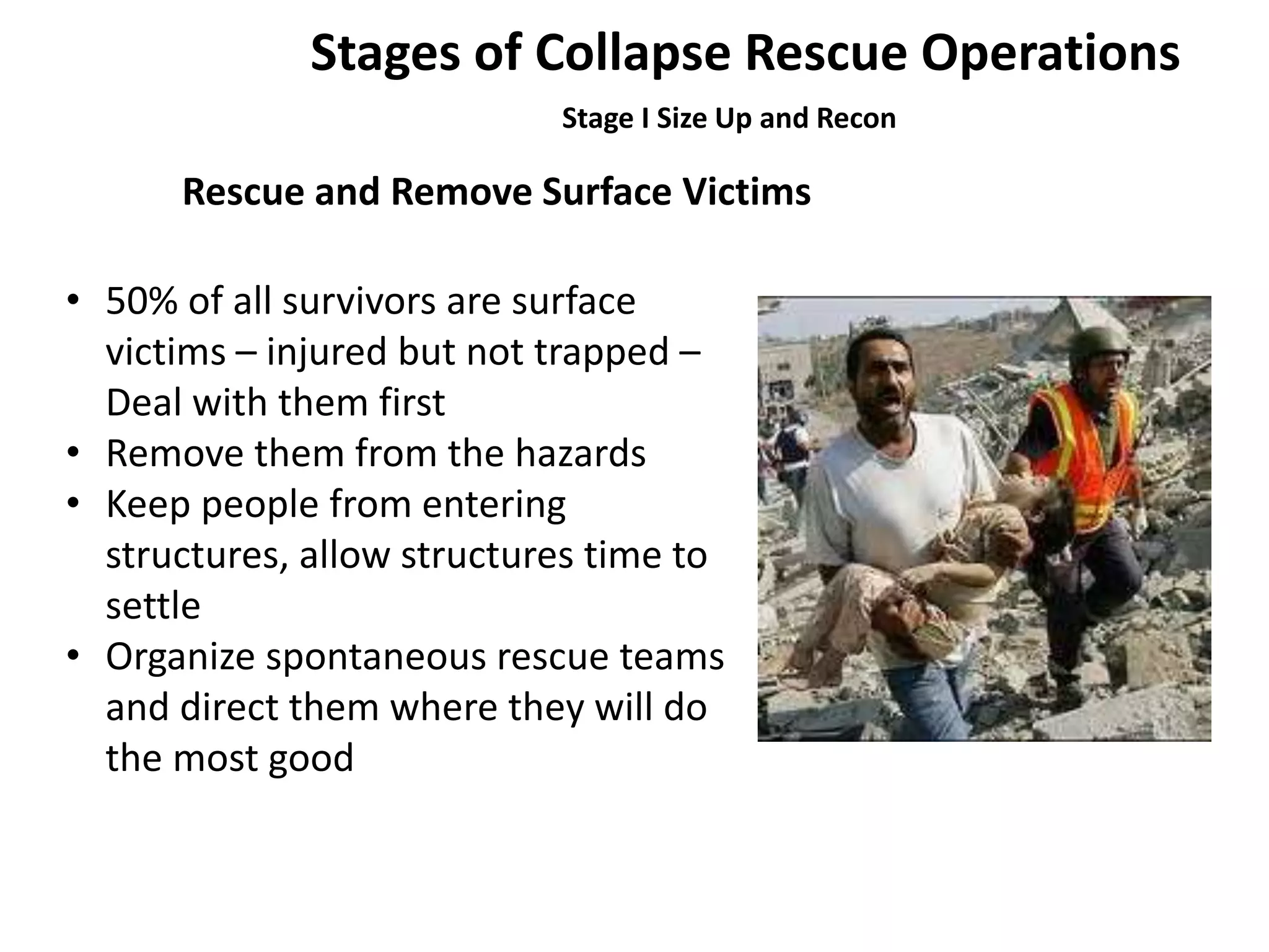Stages of Collapse Rescue Operations 
Stage I Size Up and Recon 
Rescue and Remove Surface Victims 
• 50% of all survivors are surface 
victims – injured but not trapped – 
Deal with them first 
• Remove them from the hazards 
• Keep people from entering 
structures, allow structures time to 
settle 
• Organize spontaneous rescue teams 
and direct them where they will do 
the most good 
 