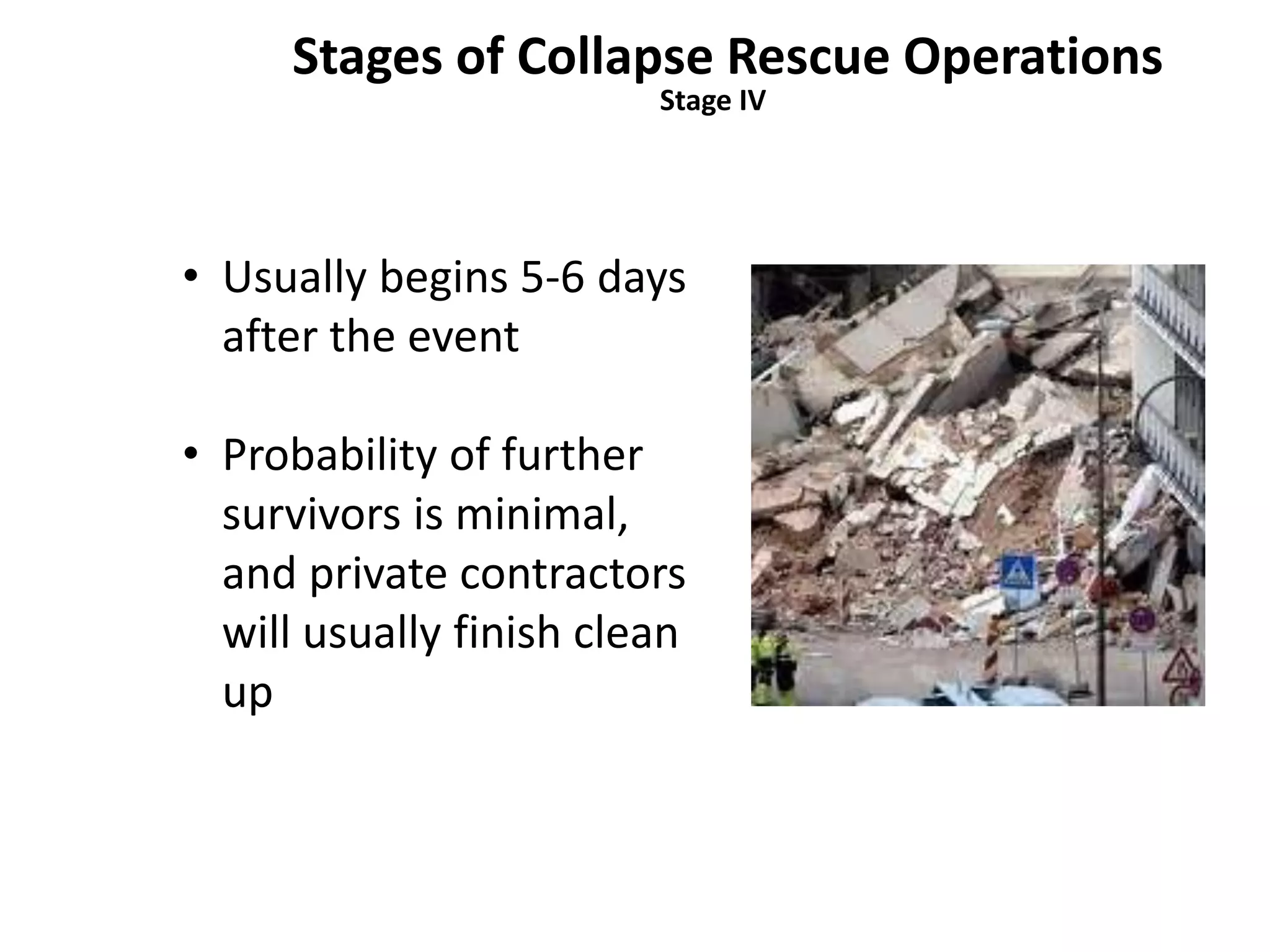 Stages of Collapse Rescue Operations 
Stage IV 
• Usually begins 5-6 days 
after the event 
• Probability of further 
survivors is minimal, 
and private contractors 
will usually finish clean 
up 
 