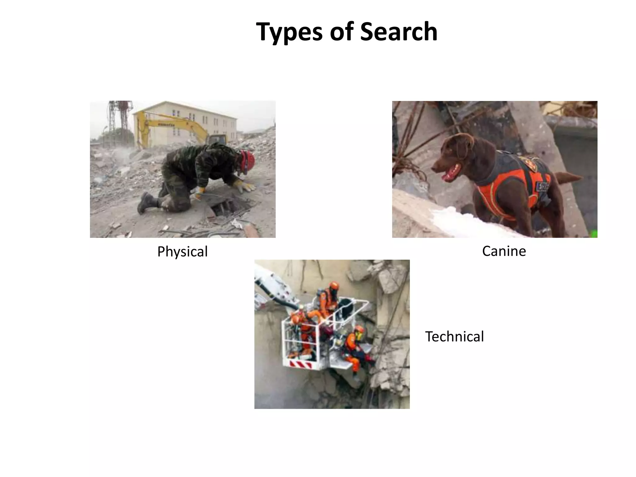Types of Search 
Physical Canine 
Technical 
 