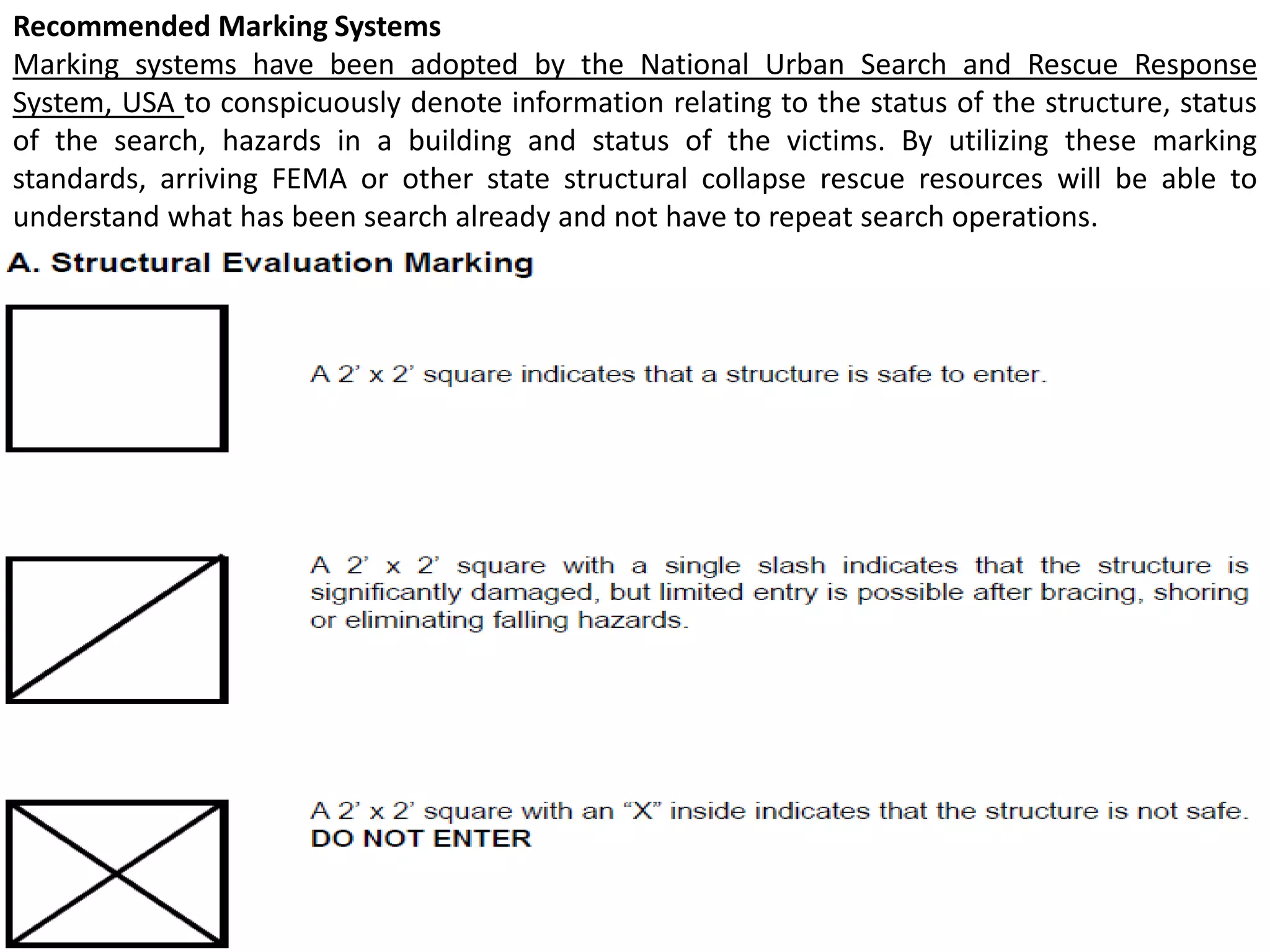 Recommended Marking Systems 
Marking systems have been adopted by the National Urban Search and Rescue Response 
System, USA to conspicuously denote information relating to the status of the structure, status 
of the search, hazards in a building and status of the victims. By utilizing these marking 
standards, arriving FEMA or other state structural collapse rescue resources will be able to 
understand what has been search already and not have to repeat search operations. 
 
