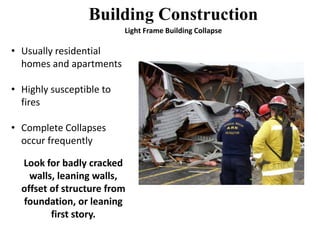 Building Construction 
• Usually residential 
homes and apartments 
• Highly susceptible to 
fires 
• Complete Collapses 
occur frequently 
Look for badly cracked 
walls, leaning walls, 
offset of structure from 
foundation, or leaning 
first story. 
Light Frame Building Collapse 
 
