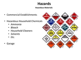 Hazardous Materials 
• Commercial Establishments 
• Hazardous Household Chemicals 
• Ammonia 
• Bleach 
• Household Cleaners 
• Solvents 
• Etc. 
• Garage 
 
