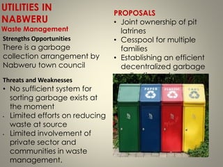 UTILITIES IN
NABWERU
Waste Management
Strengths Opportunities
There is a garbage
collection arrangement by
Nabweru town council
Threats and Weaknesses
• No sufficient system for
sorting garbage exists at
the moment
• Limited efforts on reducing
waste at source
• Limited involvement of
private sector and
communities in waste
management.
PROPOSALS
• Joint ownership of pit
latrines
• Cesspool for multiple
families
• Establishing an efficient
decentralized garbage
collection systems
• Encourage recycling of
solid waste where
 