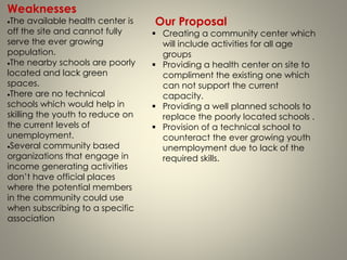 Weaknesses
The available health center is
off the site and cannot fully
serve the ever growing
population.
The nearby schools are poorly
located and lack green
spaces.
There are no technical
schools which would help in
skilling the youth to reduce on
the current levels of
unemployment.
Several community based
organizations that engage in
income generating activities
don’t have official places
where the potential members
in the community could use
when subscribing to a specific
association
Our Proposal
 Creating a community center which
will include activities for all age
groups
 Providing a health center on site to
compliment the existing one which
can not support the current
capacity.
 Providing a well planned schools to
replace the poorly located schools .
 Provision of a technical school to
counteract the ever growing youth
unemployment due to lack of the
required skills.
 
