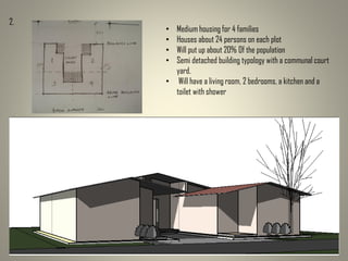 2.
• Medium housing for 4 families
• Houses about 24 persons on each plot
• Will put up about 20% Of the population
• Semi detached building typology with a communal court
yard.
• Will have a living room, 2 bedrooms, a kitchen and a
toilet with shower
 