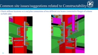 62
Check stiffener locations w.r.t end plate connections of two different size beams connected to flanges of column
on both sides
Common site issues/suggestions related to Constructability
 