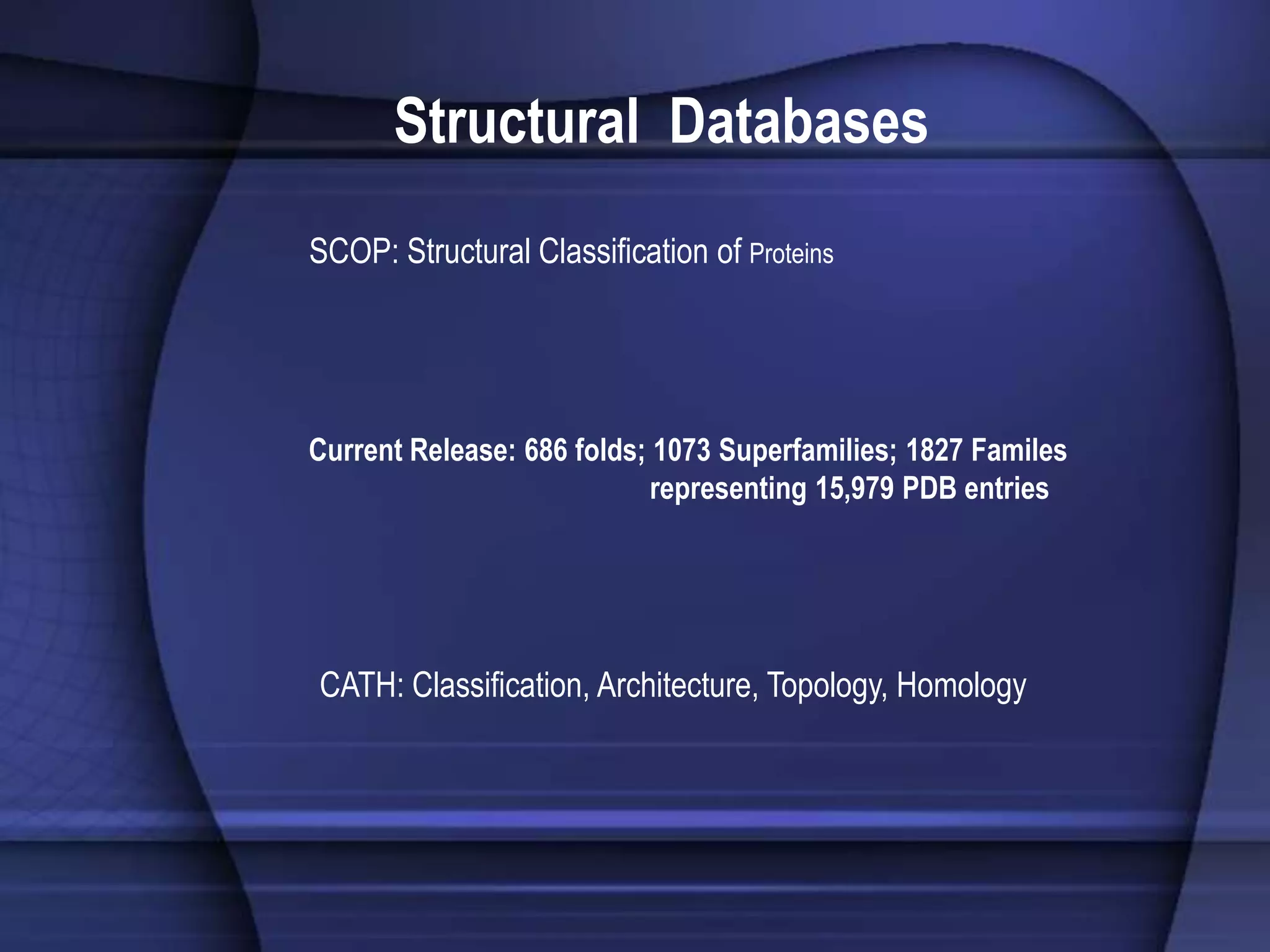 Structural Databases
SCOP: Structural Classification of Proteins
Current Release: 686 folds; 1073 Superfamilies; 1827 Familes
representing 15,979 PDB entries
CATH: Classification, Architecture, Topology, Homology
 