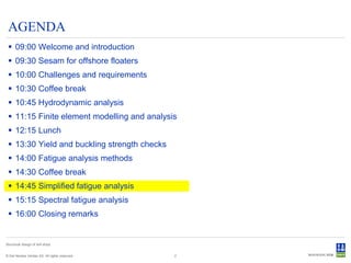AGENDA
  09:00 Welcome and introduction
  09:30 Sesam for offshore floaters
  10:00 Challenges and requirements
  10:30 Coffee break
  10:45 Hydrodynamic analysis
  11:15 Finite element modelling and analysis
  12:15 Lunch
  13:30 Yield and buckling strength checks
  14:00 Fatigue analysis methods
  14:30 Coffee break
  14:45 Simplified fatigue analysis
  15:15 Spectral fatigue analysis
  16:00 Closing remarks


Structural design of drill ships


© Det Norske Veritas AS. All rights reserved.   2
 