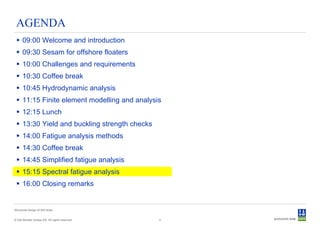 AGENDA
  09:00 Welcome and introduction
  09:30 Sesam for offshore floaters
  10:00 Challenges and requirements
  10:30 Coffee break
  10:45 Hydrodynamic analysis
  11:15 Finite element modelling and analysis
  12:15 Lunch
  13:30 Yield and buckling strength checks
  14:00 Fatigue analysis methods
  14:30 Coffee break
  14:45 Simplified fatigue analysis
  15:15 Spectral fatigue analysis
  16:00 Closing remarks


Structural design of drill ships


© Det Norske Veritas AS. All rights reserved.   2
 