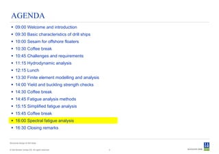 AGENDA
  09:00 Welcome and introduction
  09:30 Basic characteristics of drill ships
  10:00 Sesam for offshore floaters
  10:30 Coffee break
  10:45 Challenges and requirements
  11:15 Hydrodynamic analysis
  12:15 Lunch
  13:30 Finite element modelling and analysis
  14:00 Yield and buckling strength checks
  14:30 Coffee break
  14:45 Fatigue analysis methods
  15:15 Simplified fatigue analysis
  15:45 Coffee break
  16:00 Spectral fatigue analysis
  16:30 Closing remarks


Structural design of drill ships


© Det Norske Veritas AS. All rights reserved.    3
 