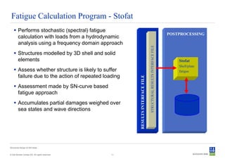 Fatigue Calculation Program - Stofat
     Performs stochastic (spectral) fatigue
                                                                                                                   POSTPROCESSING
      calculation with loads from a hydrodynamic
      analysis using a frequency domain approach




                                                                               STRUCTURAL RESULTS INTERFACE FILE
     Structures modelled by 3D shell and solid
      elements                                                                                                         Stofat
                                                                                                                       Shell/plate
     Assess whether structure is likely to suffer                                                                     fatigue
      failure due to the action of repeated loading




                                                      RESULTS INTERFACE FILE
     Assessment made by SN-curve based
      fatigue approach
     Accumulates partial damages weighed over                                                                         Stofat
      sea states and wave directions                                                                                   database




Structural design of drill ships


© Det Norske Veritas AS. All rights reserved.   11
 